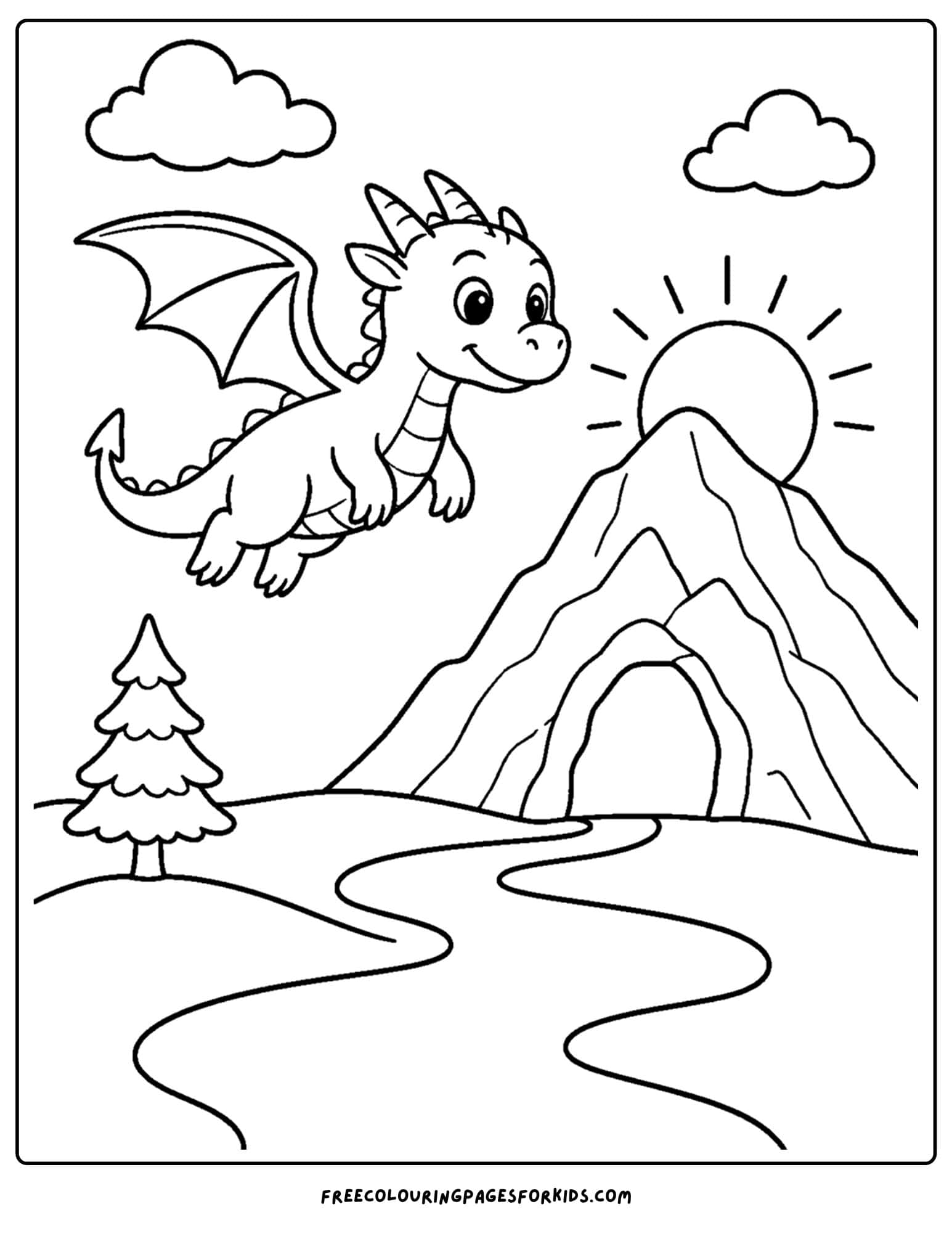 a coloring page of a dragon flying high with a mountain and sun in the background