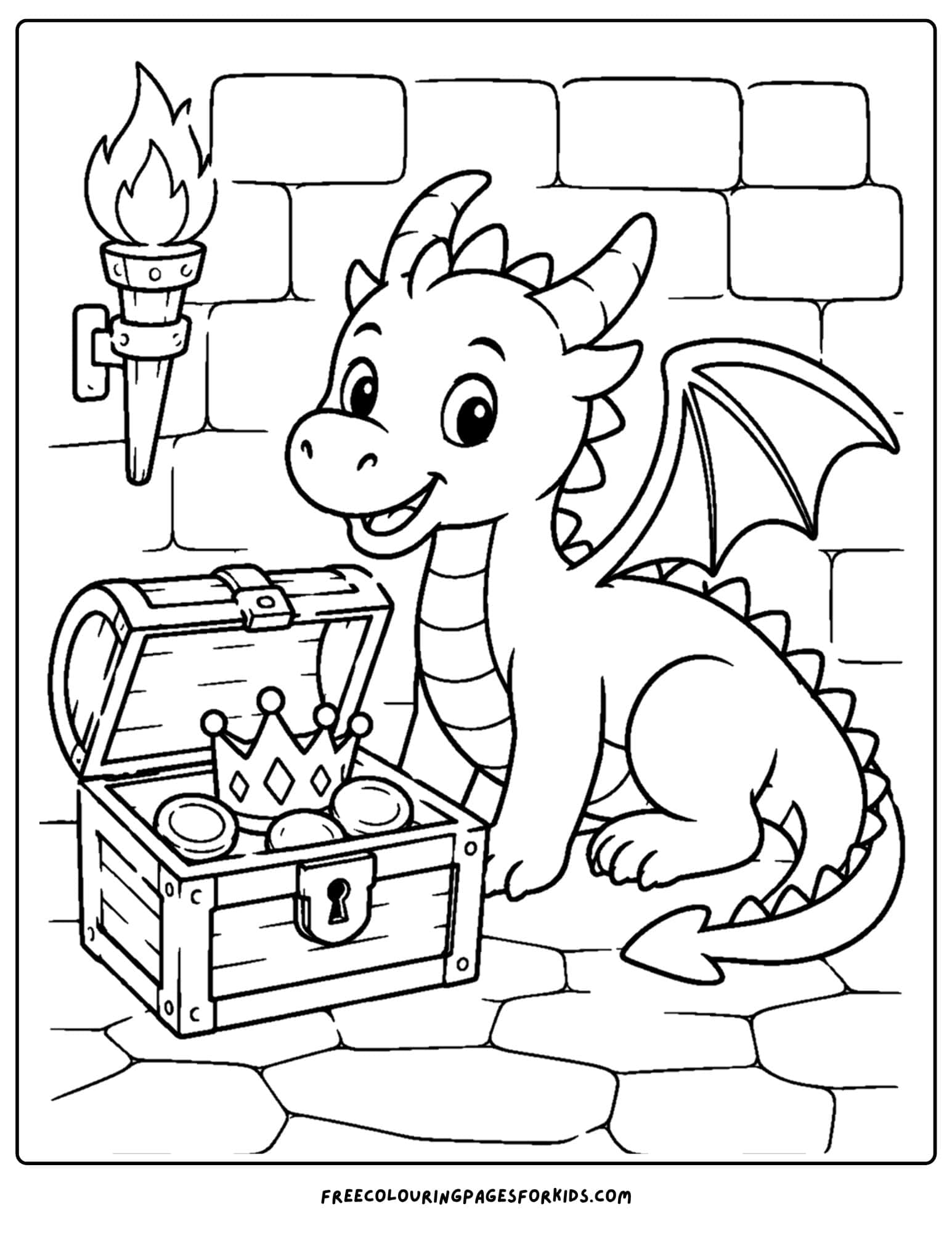a coloring page of a dragon sitting with a treasure chest in a castle