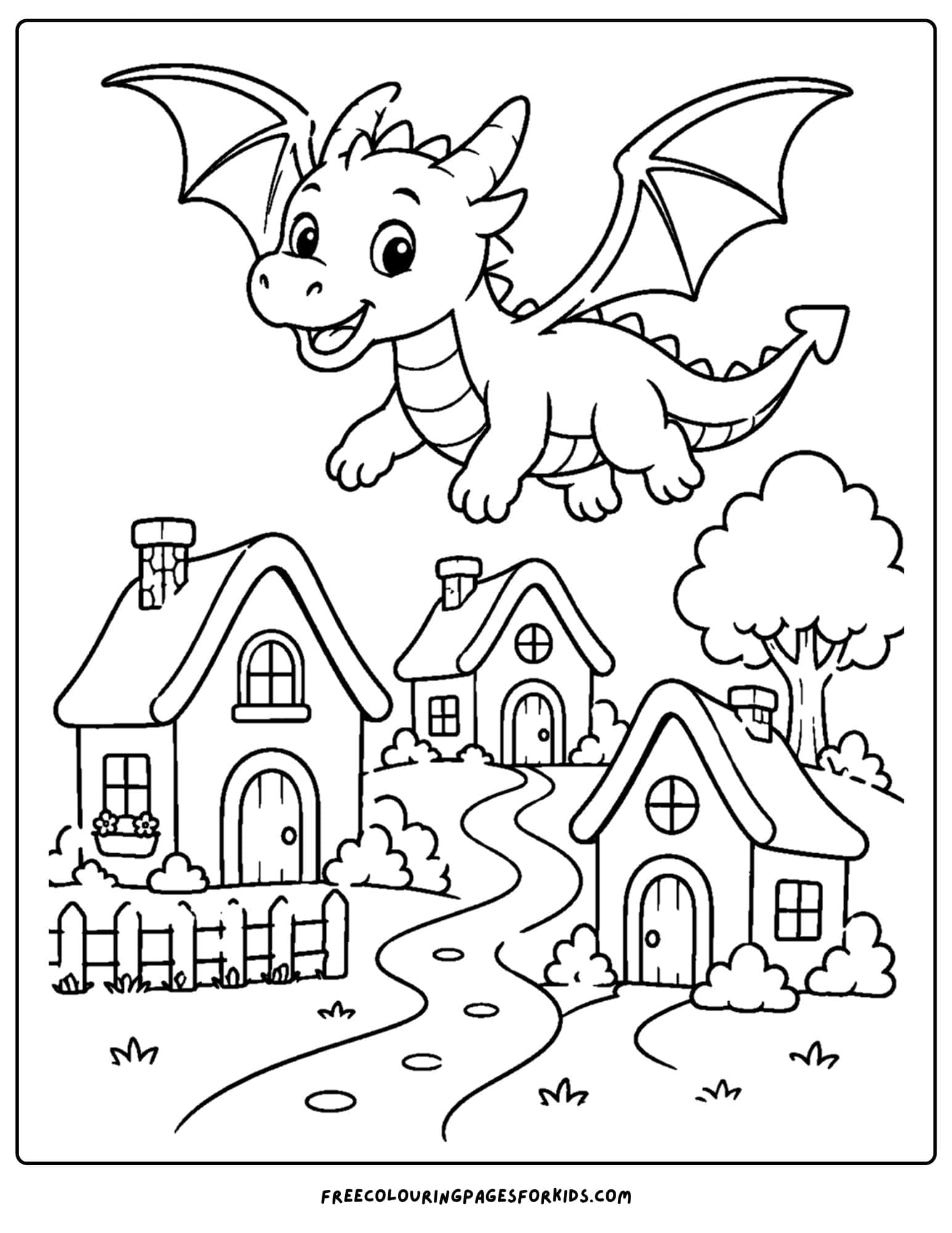 a coloring page of a dragon flying over a village