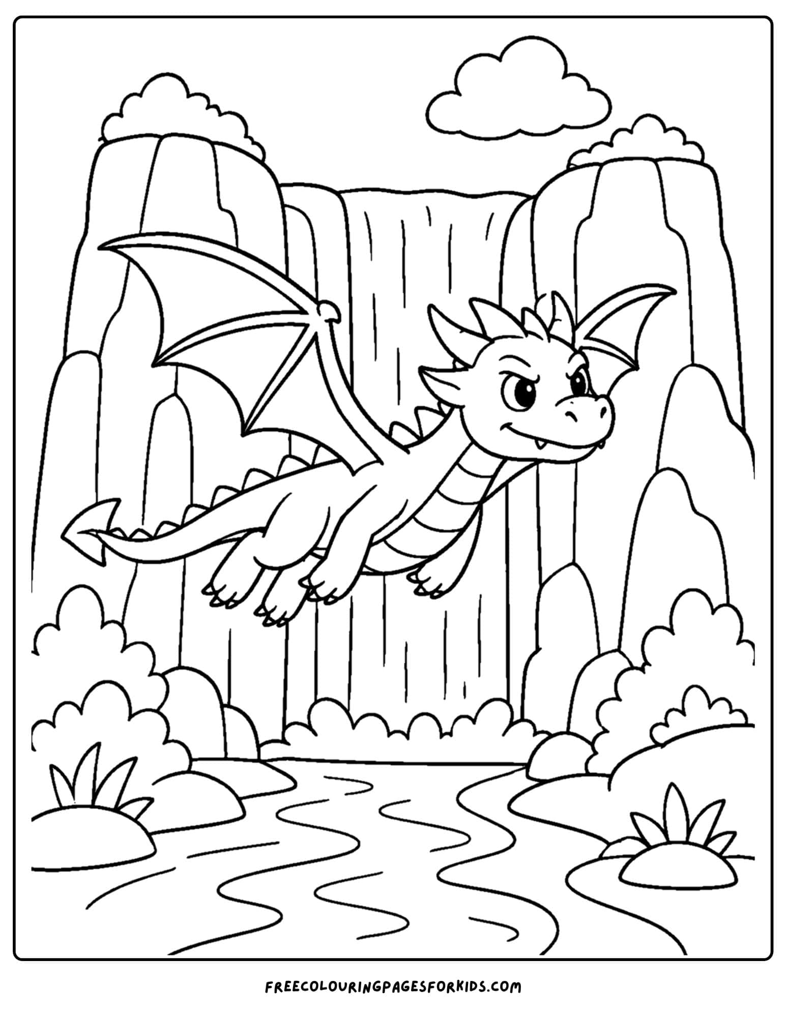 a coloring page of a dragon flying past a waterfall