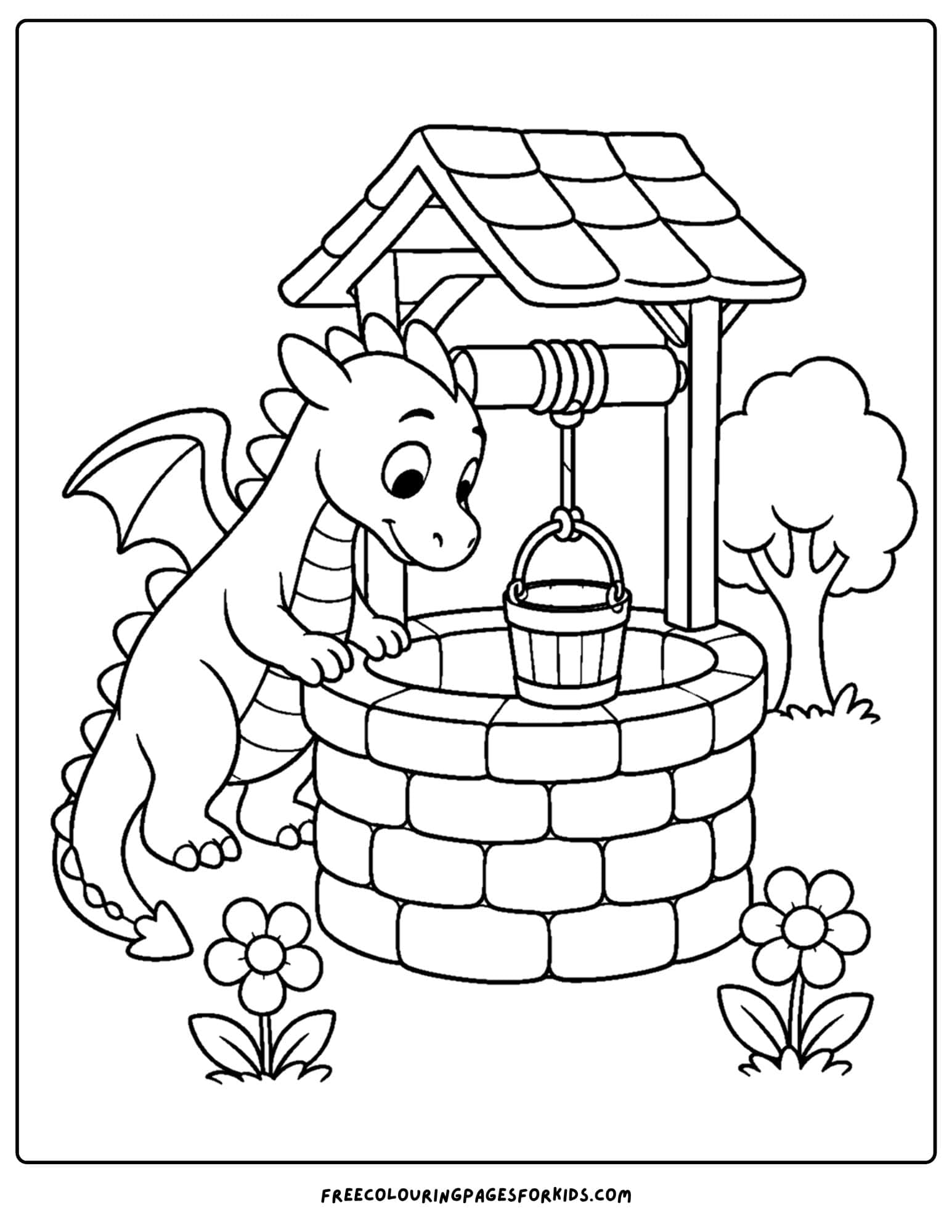 a coloring page of a dragon looking into a well