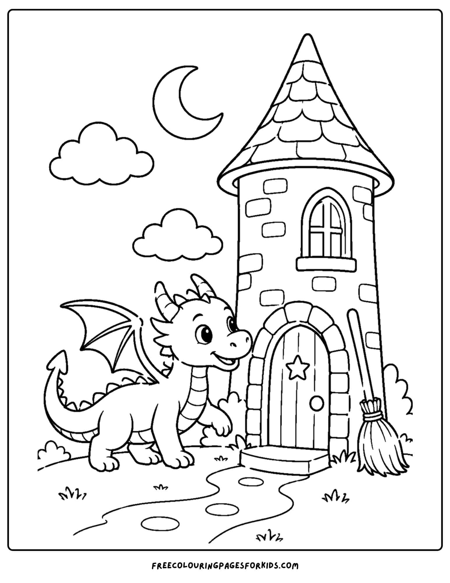 a coloring page of a dragon standing outside a tower