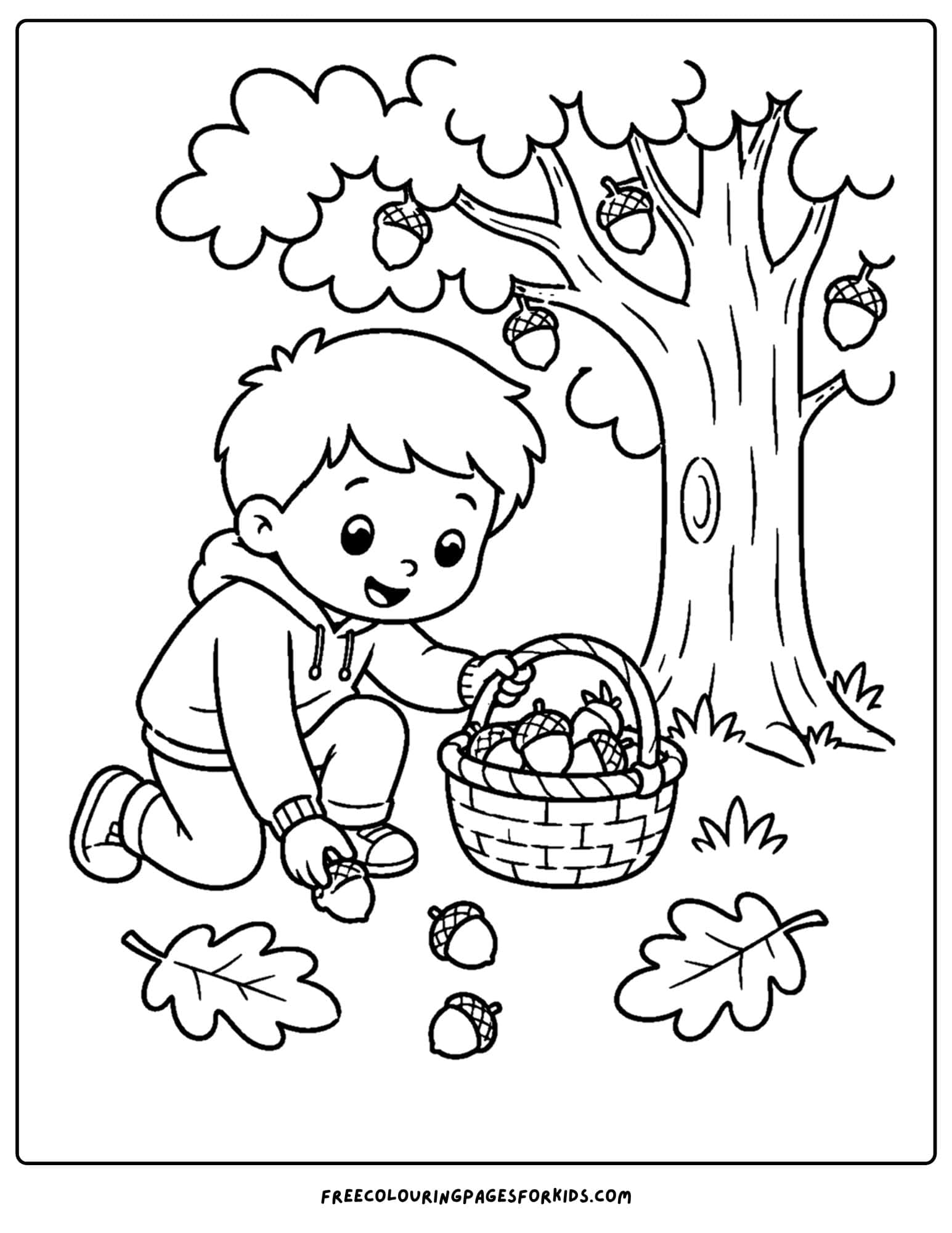 a fall themed coloring page showing a child collecting acorns into a basket