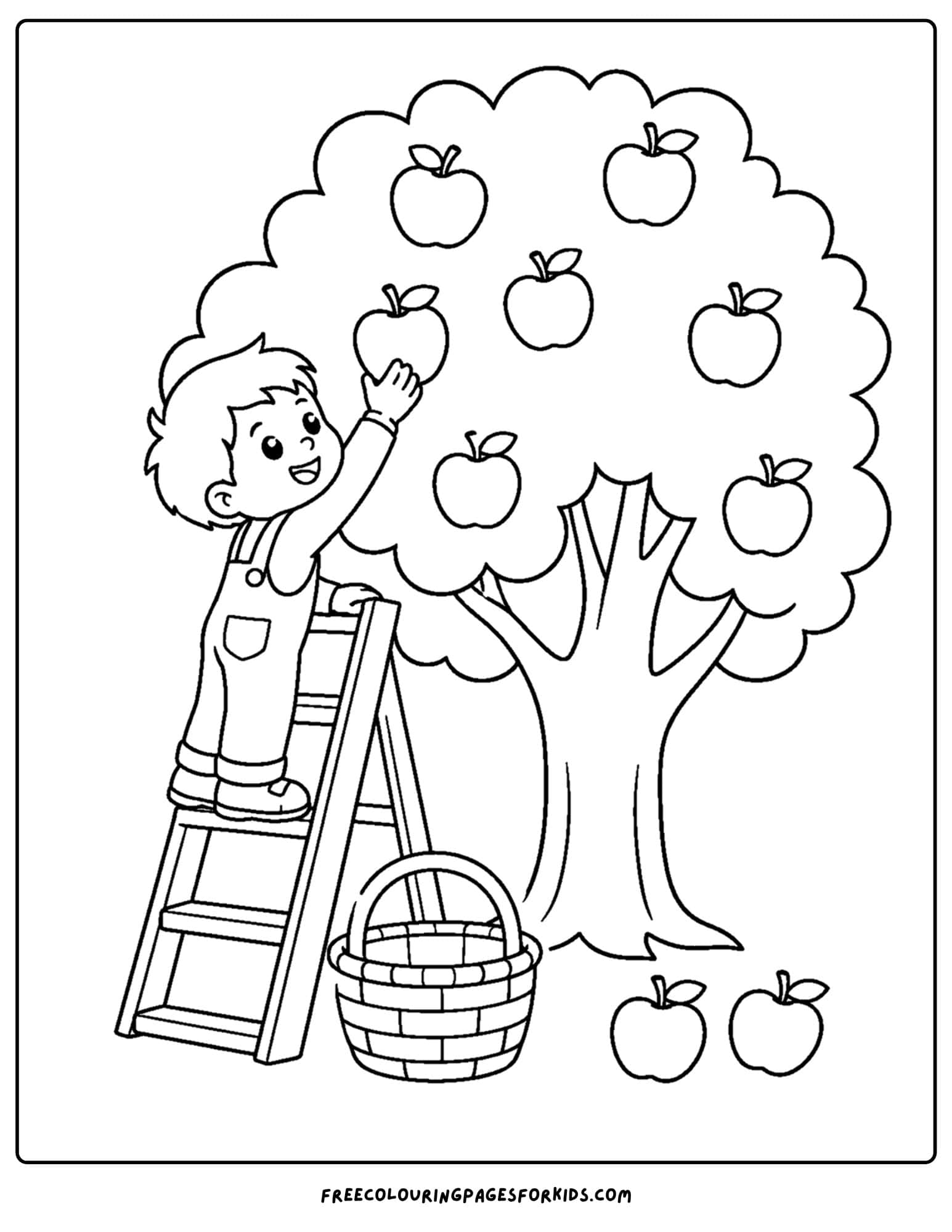 a fall themed coloring page showing a child picking apples from a tree