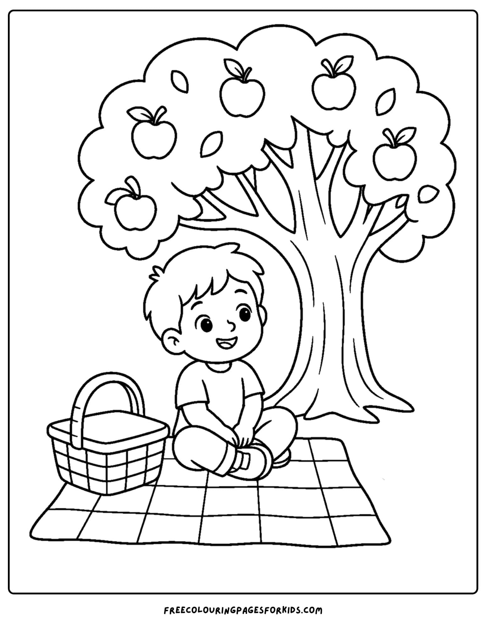 a fall themed coloring page showing a child having a picnic below an apple tree