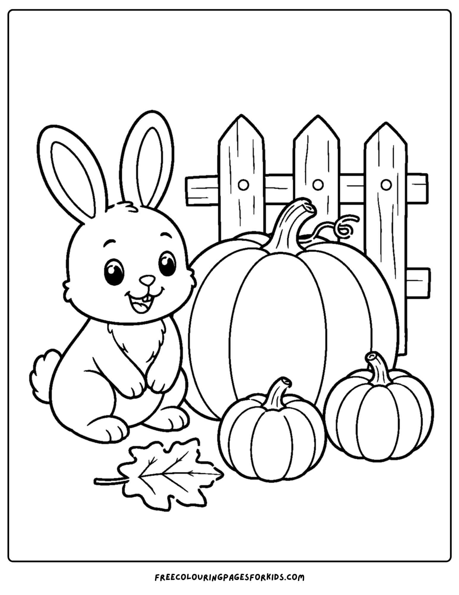 a fall themed coloring page showing a bunny beside a big pumpkin