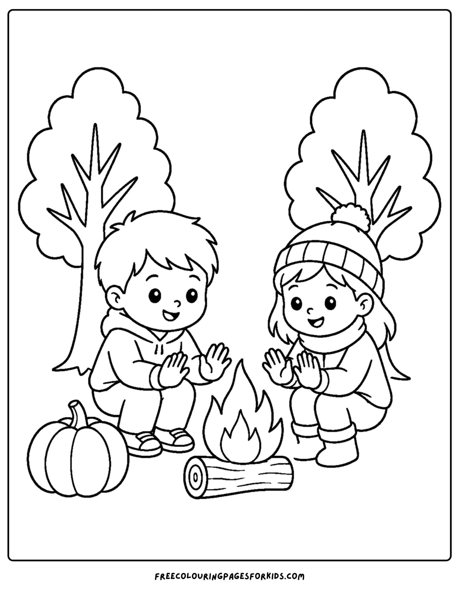 a fall themed coloring page showing two children sitting beside a campfire keeping warm