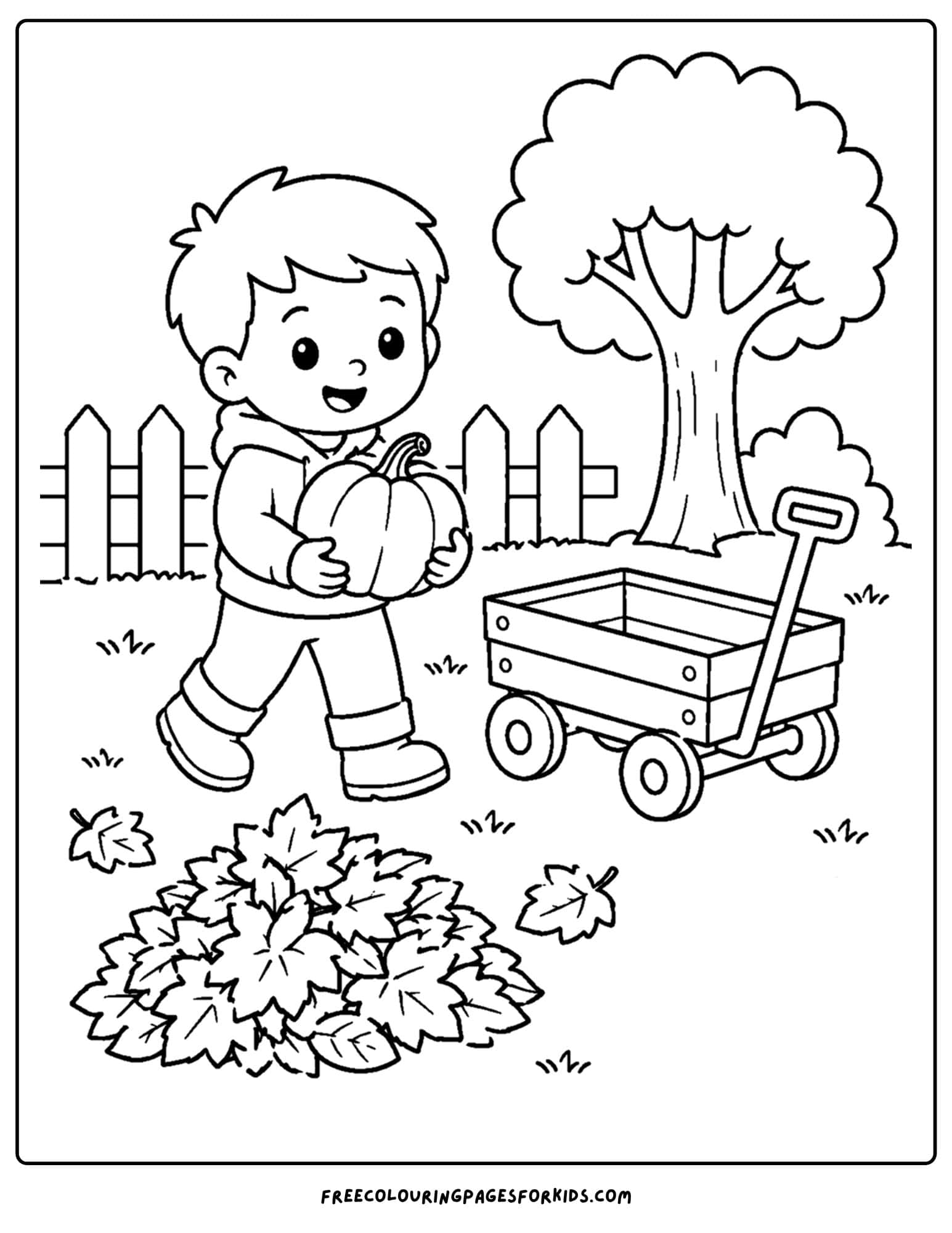 a fall themed coloring page showing a child carrying a pumpkin to their wagon