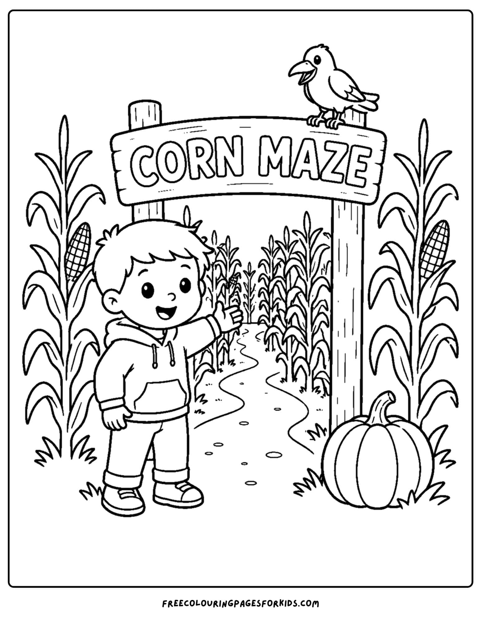 a fall themed coloring page showing a child standing in front of a corn maze