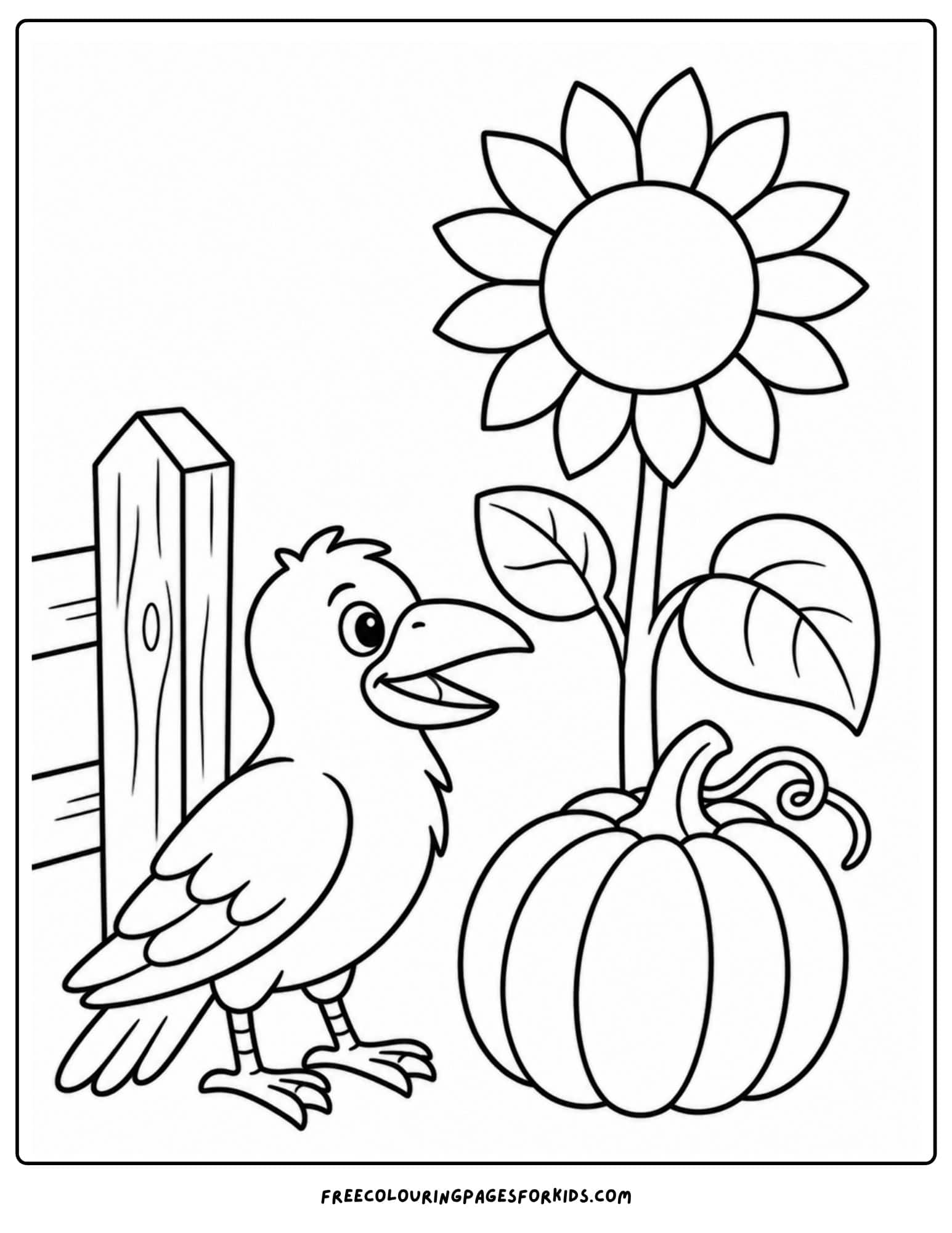 a fall themed coloring page showing a bird next to a pumpkin and a sunflower