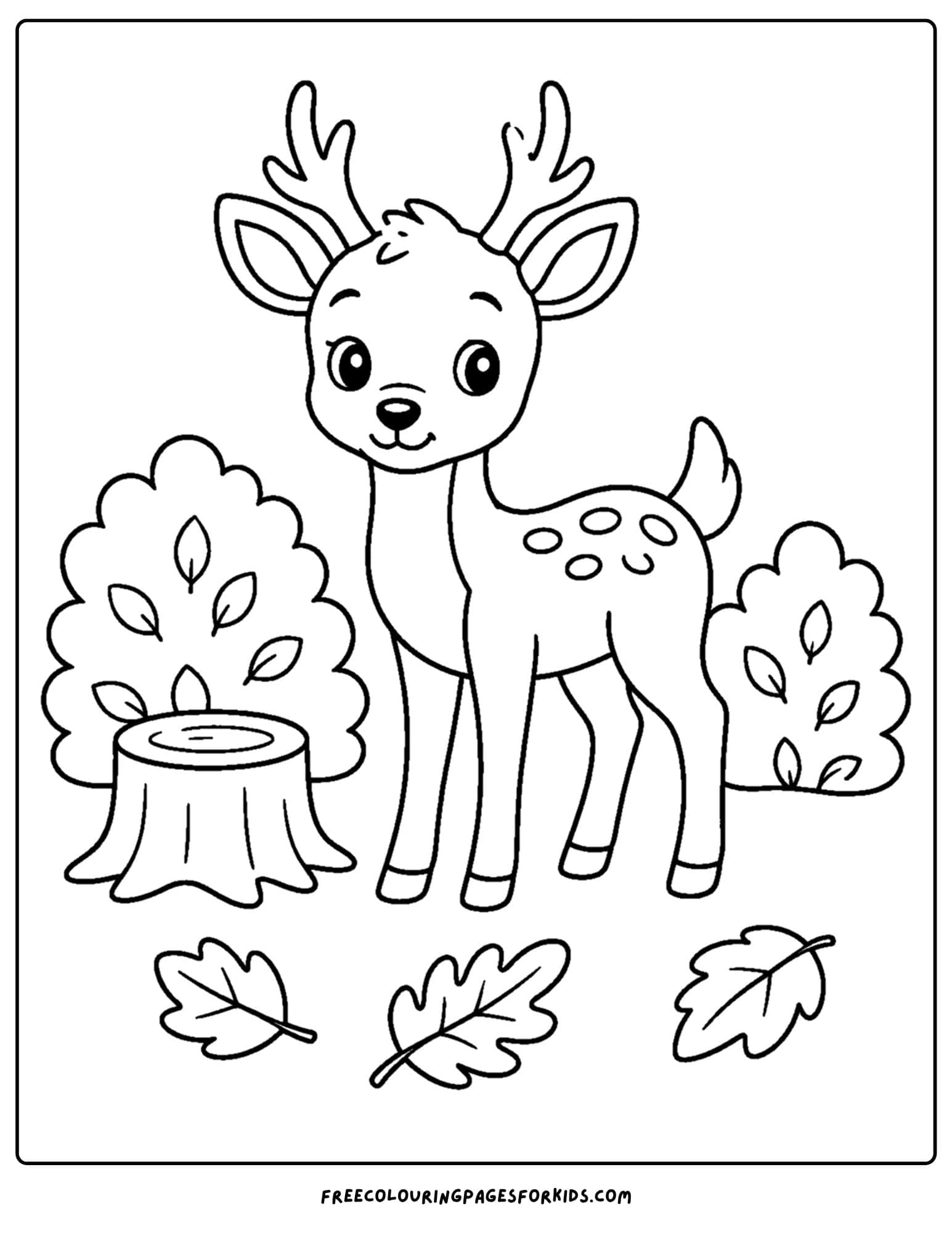 a fall themed coloring page showing a deer in an autumn meadow