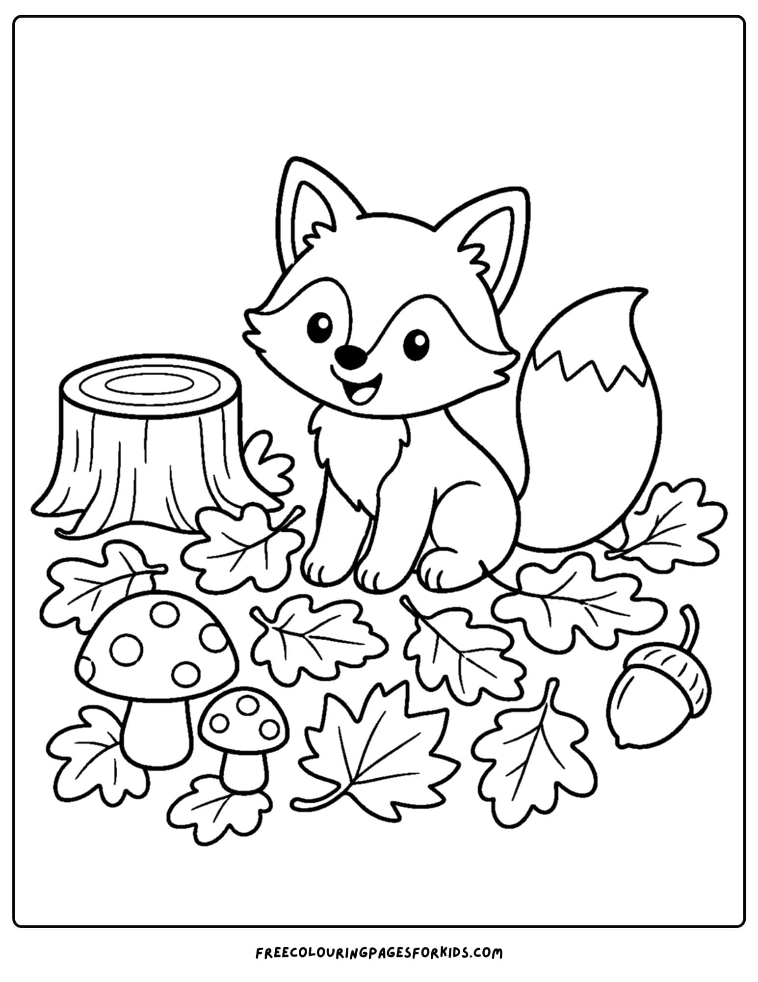 a fall themed coloring page showing a fox beside a tree stump and leaves