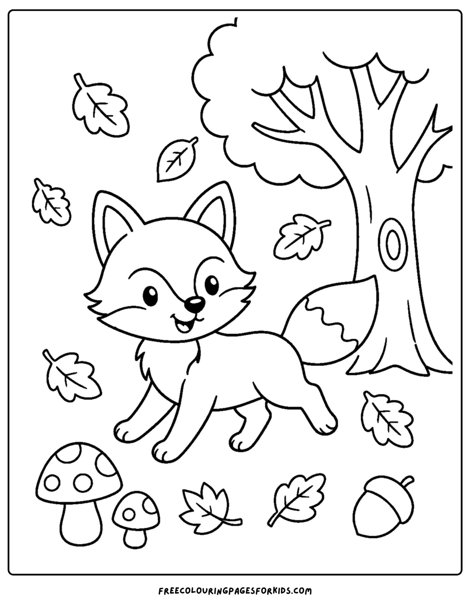 a fall themed coloring page showing a fox running through leaves that are falling to the ground from a tree