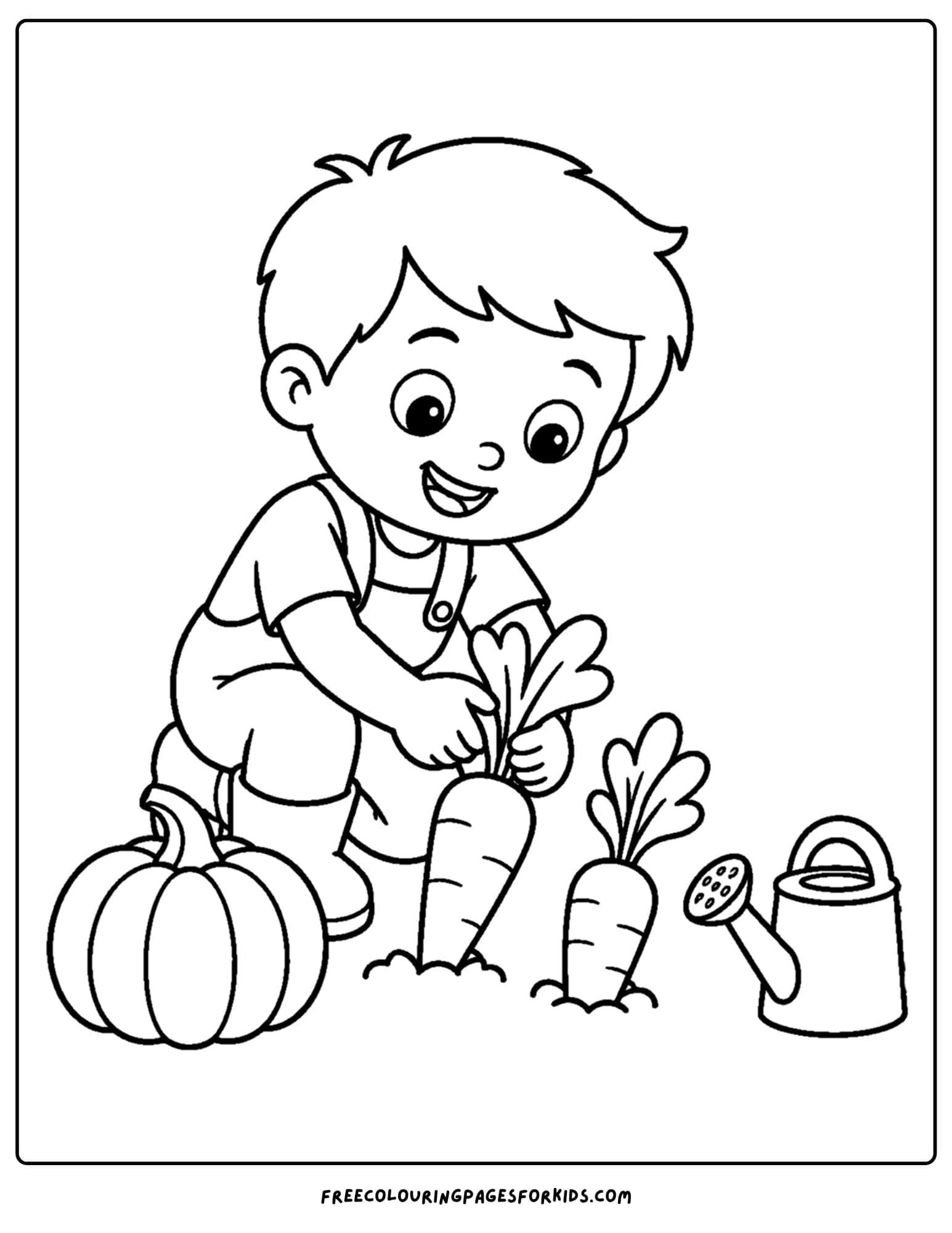 a fall themed coloring page showing a child pulling carrots from a vegetable garden