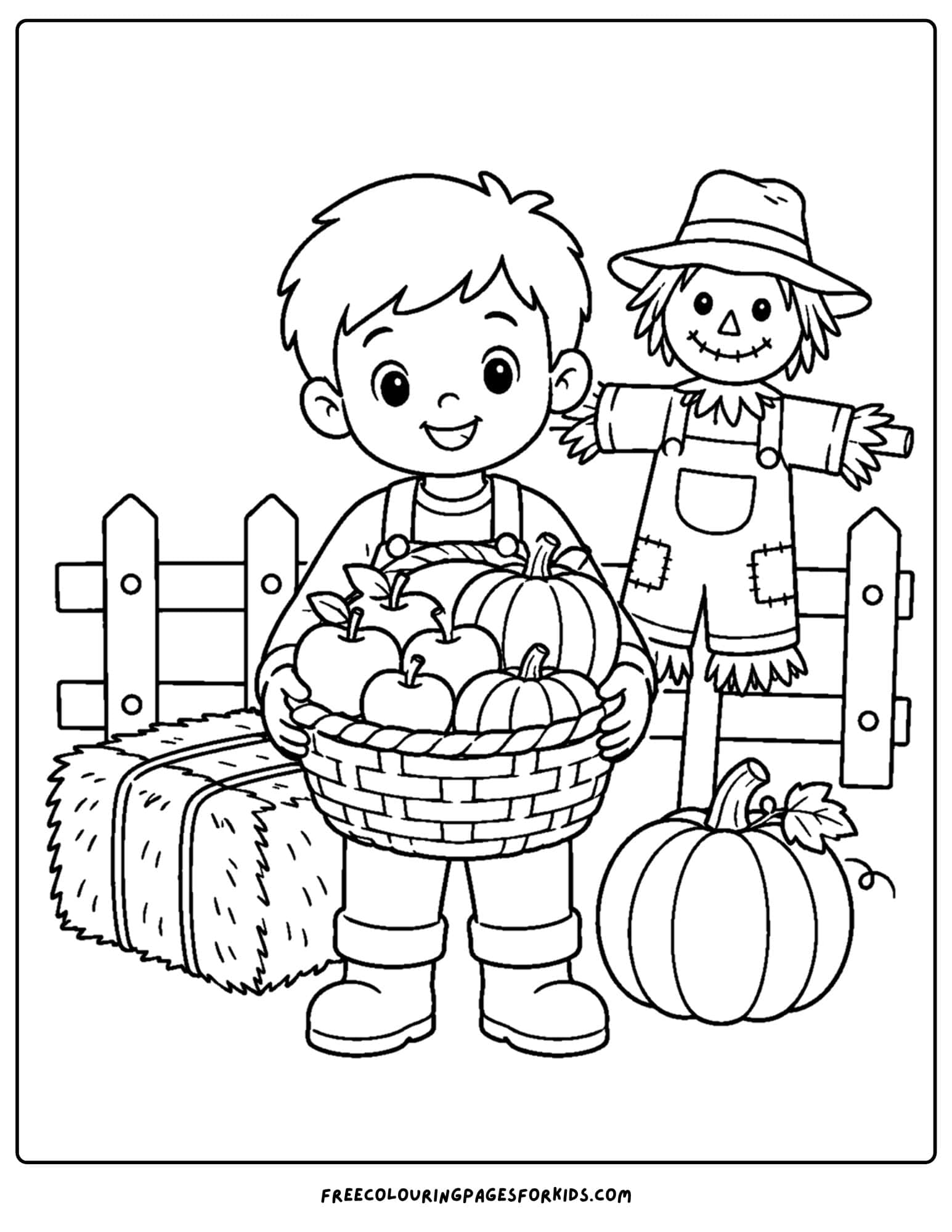 a fall themed coloring page showing a child holding a basket full of harvest vegetables while standing in front of a scarecrow
