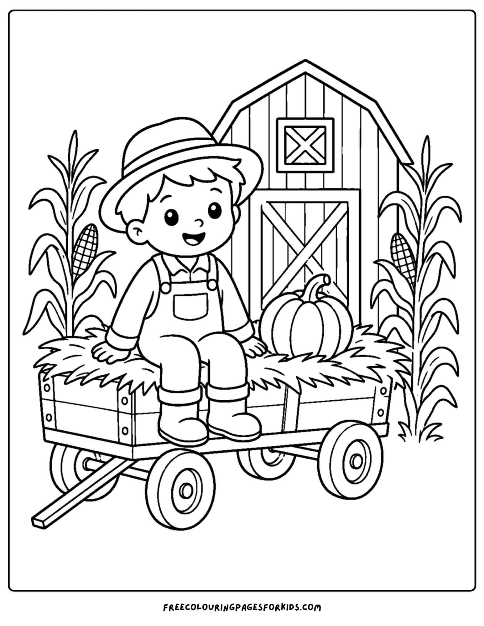 a fall themed coloring page showing a child sitting on a wagon that is in front of a barn and corn stalks