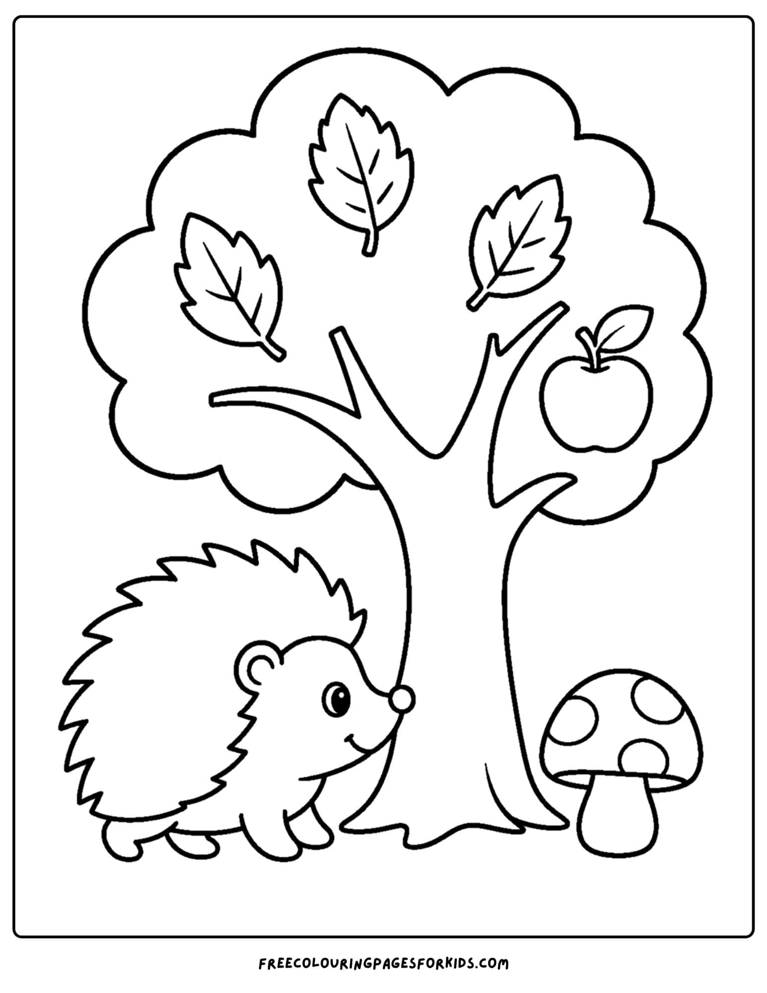 a fall themed coloring page showing a hedgehog under an apple tree