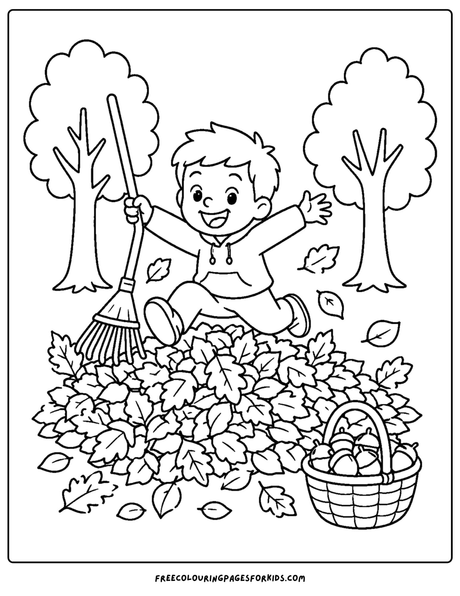 a fall themed coloring page showing a child jumping over a giant pile of leaves they just raked up