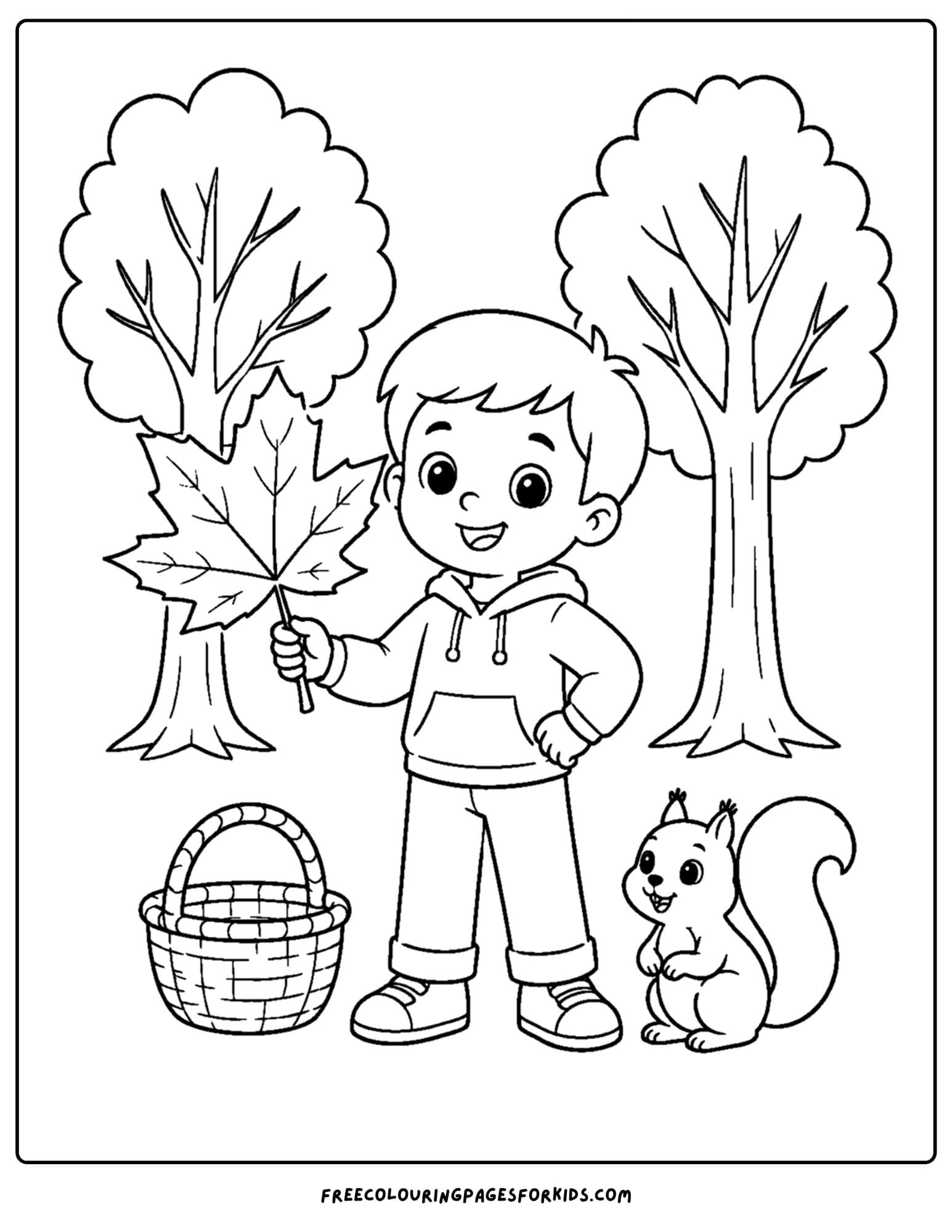 a fall themed coloring page showing a child holding a maple leaf with a basket and squirrel beside them