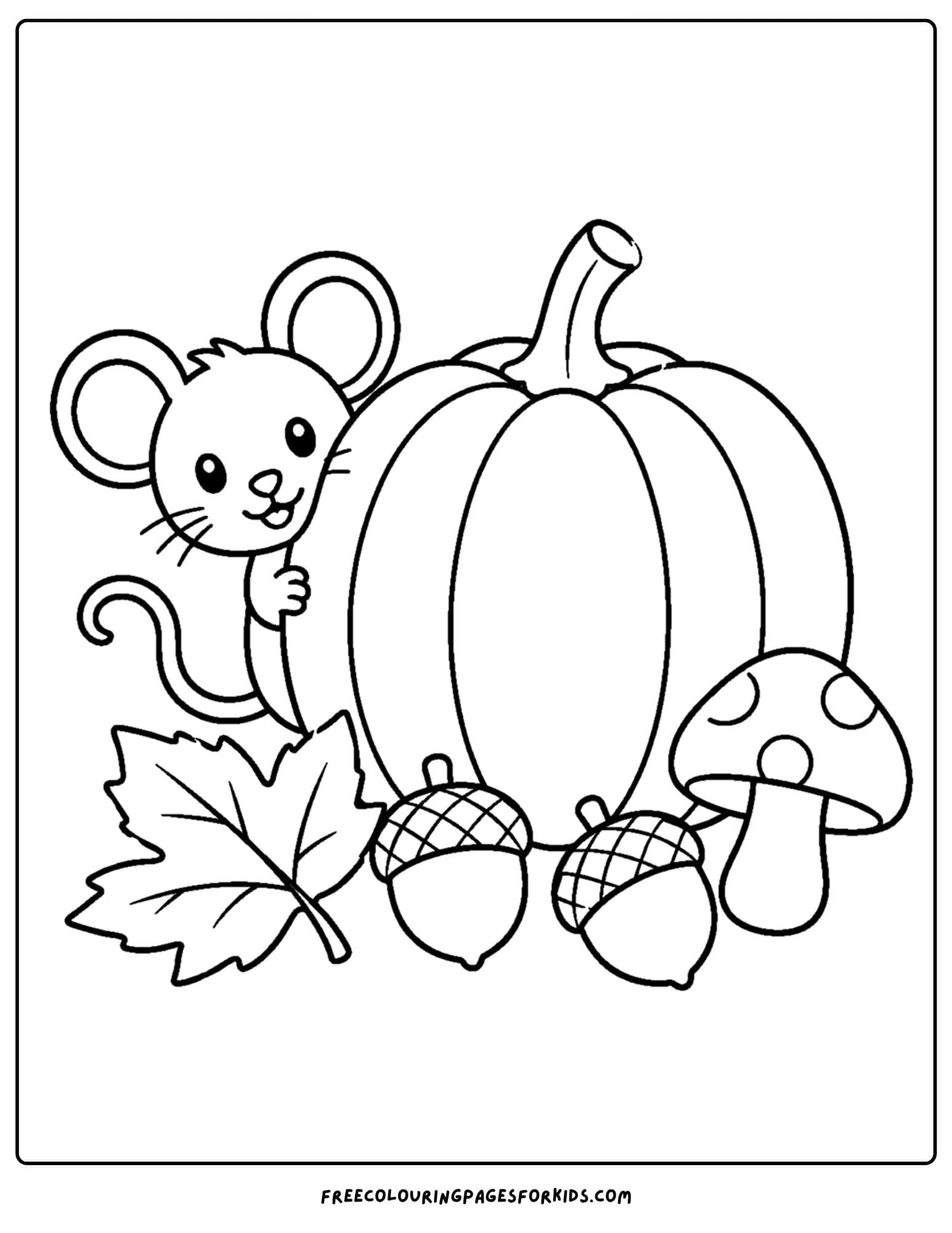 a fall themed coloring page showing a mouse peeking from behind a giant pumpkin