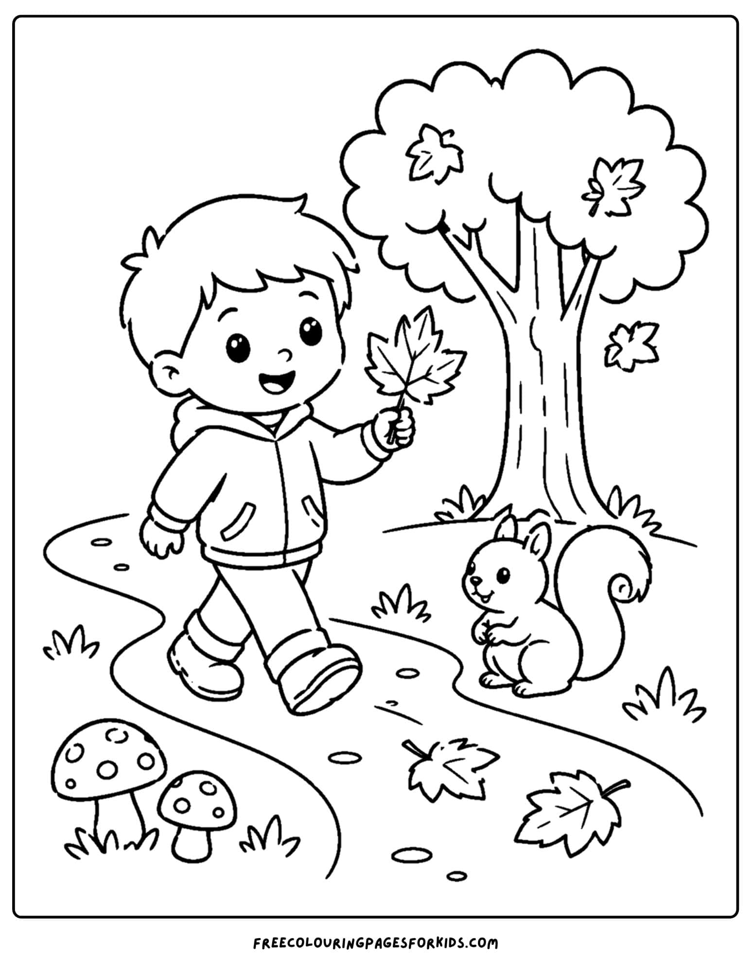 a fall themed coloring page showing a child walking along a path holding a leaf in their hand