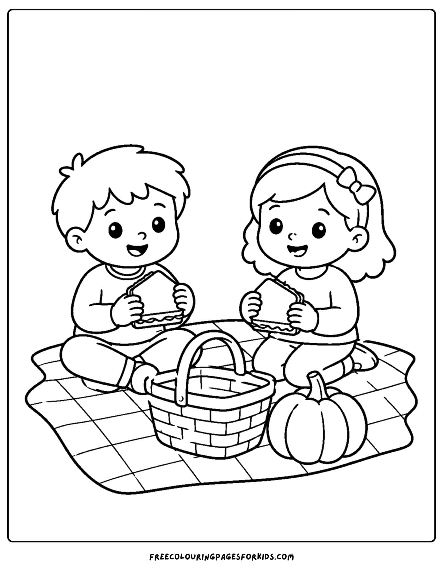 a fall themed coloring page showing two children having a picnic
