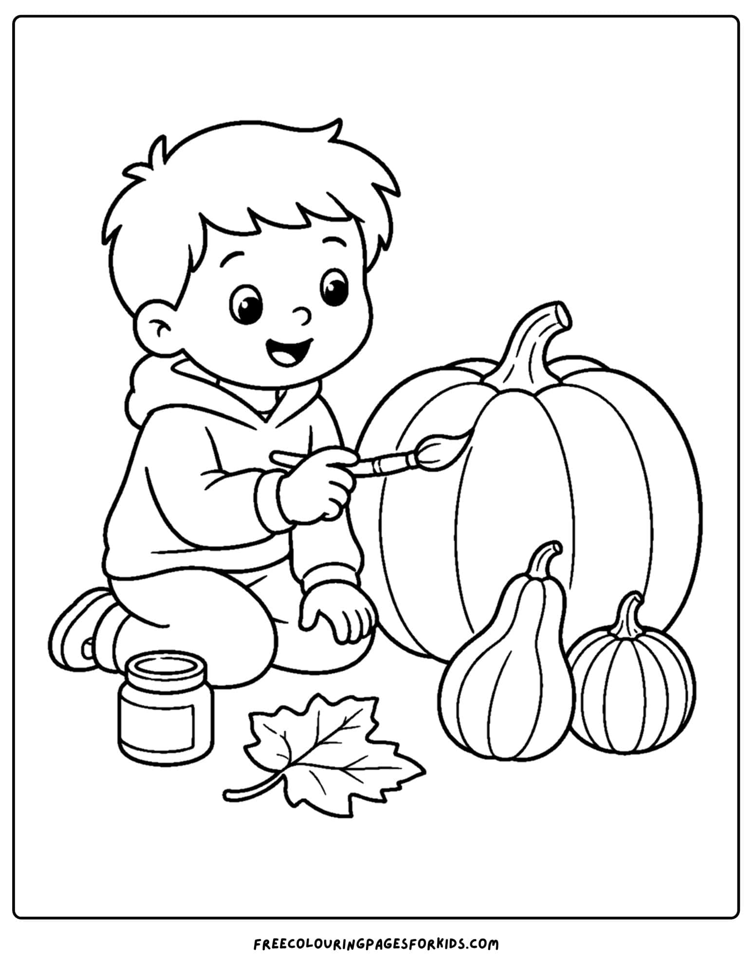 a fall themed coloring page showing a child decorating a pumpkin