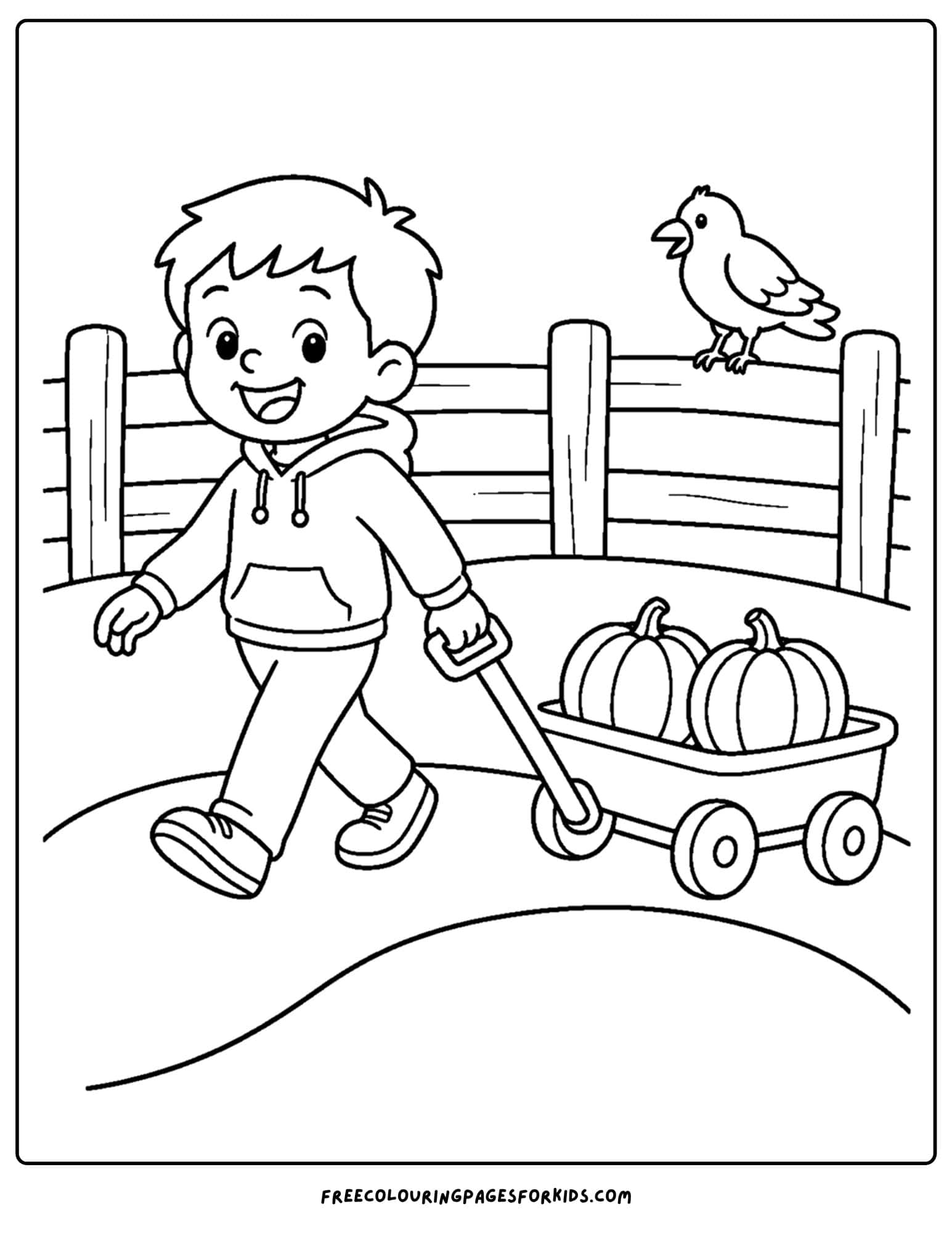 a fall themed coloring page showing a child pulling a wagon full of pumpkins along a path in front of a fence