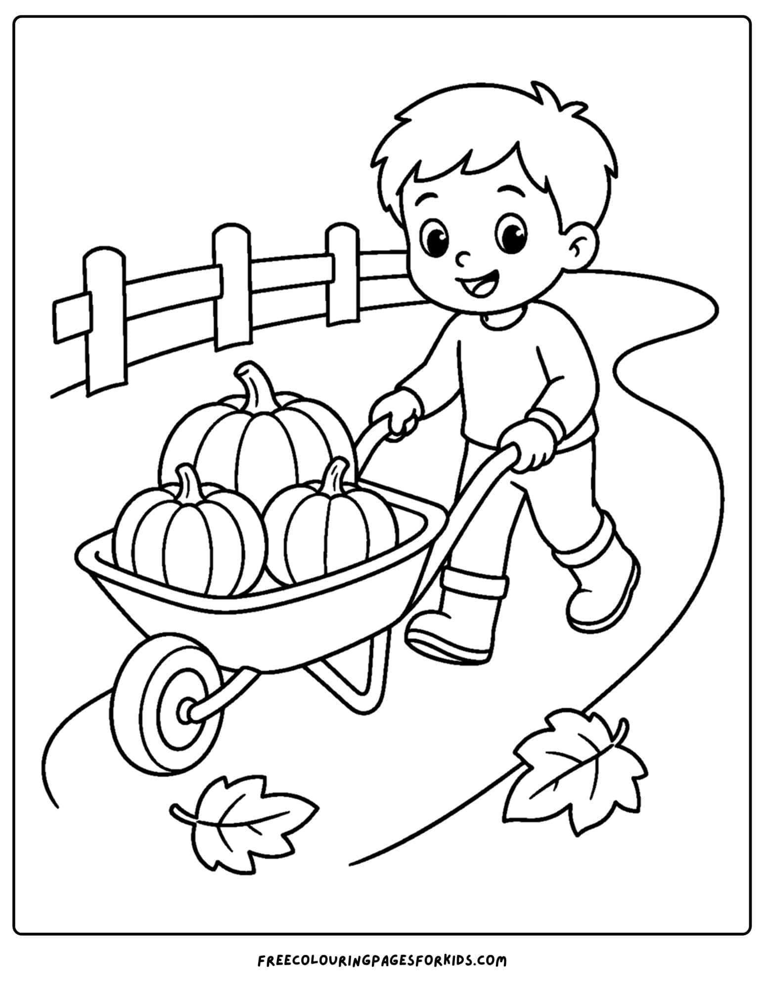 a fall themed coloring page showing a wheeling a wheelbarrow full of pumpkins along a path