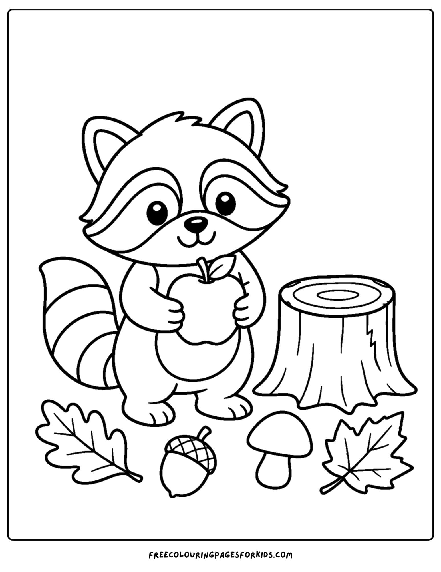 a fall themed coloring page showing a raccoon holding an apple beside a tree stump