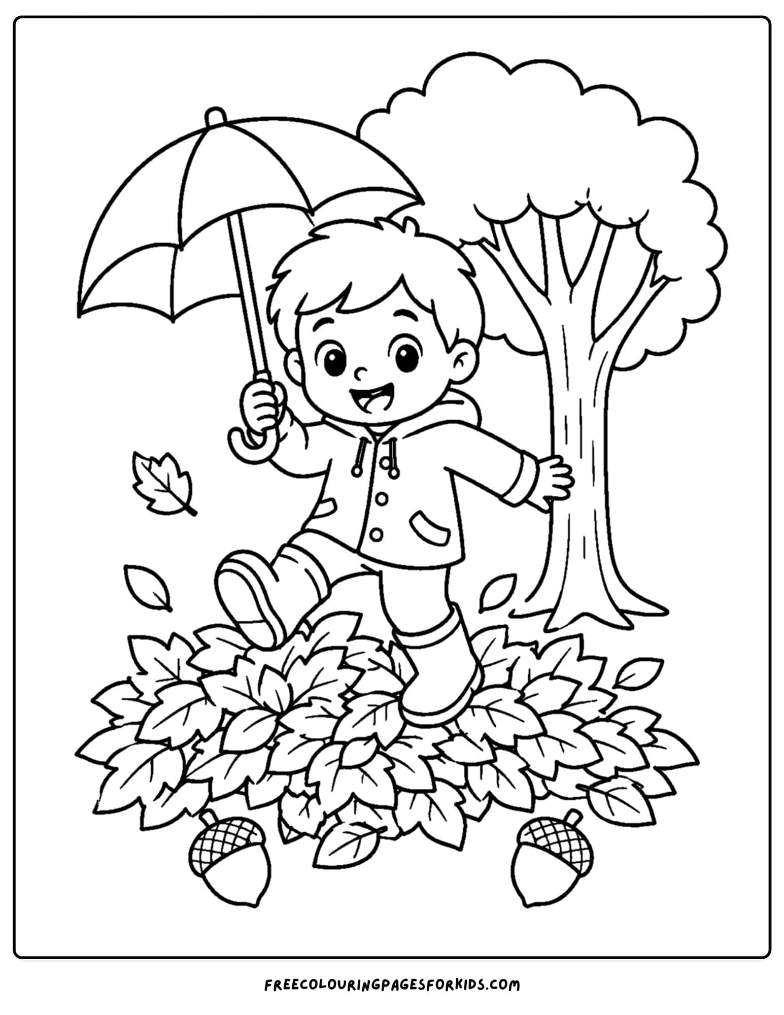 a fall themed coloring page showing a child wearing rain boots and holding an umbrella jumping in leaves