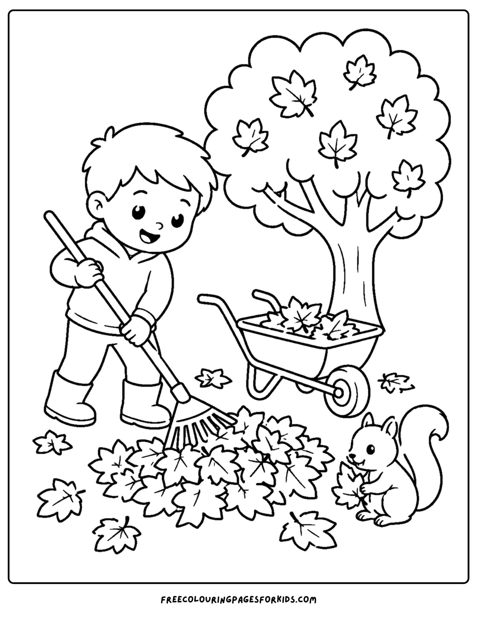 a fall themed coloring page showing a boy raking leaves and putting them into a wheelbarrow under a tree