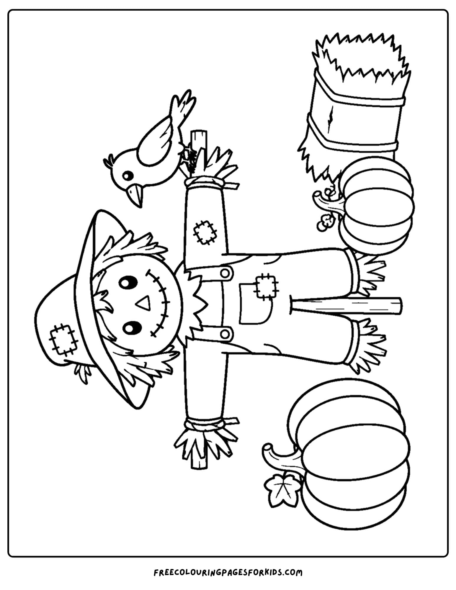a fall themed coloring page showing a scarecrow setup in a pumpkin patch