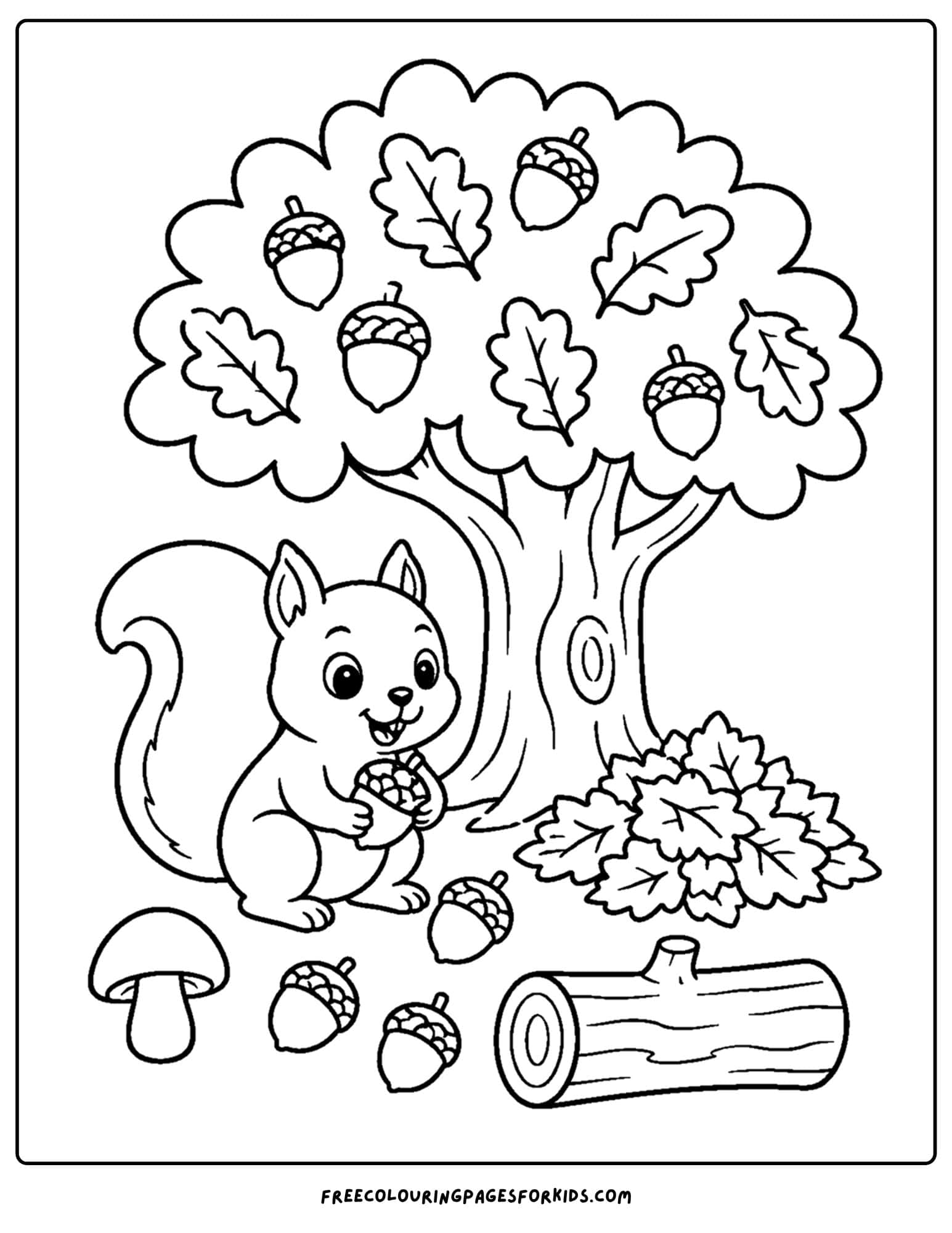 a fall themed coloring page showing a squirrel collecting acorns below a tree
