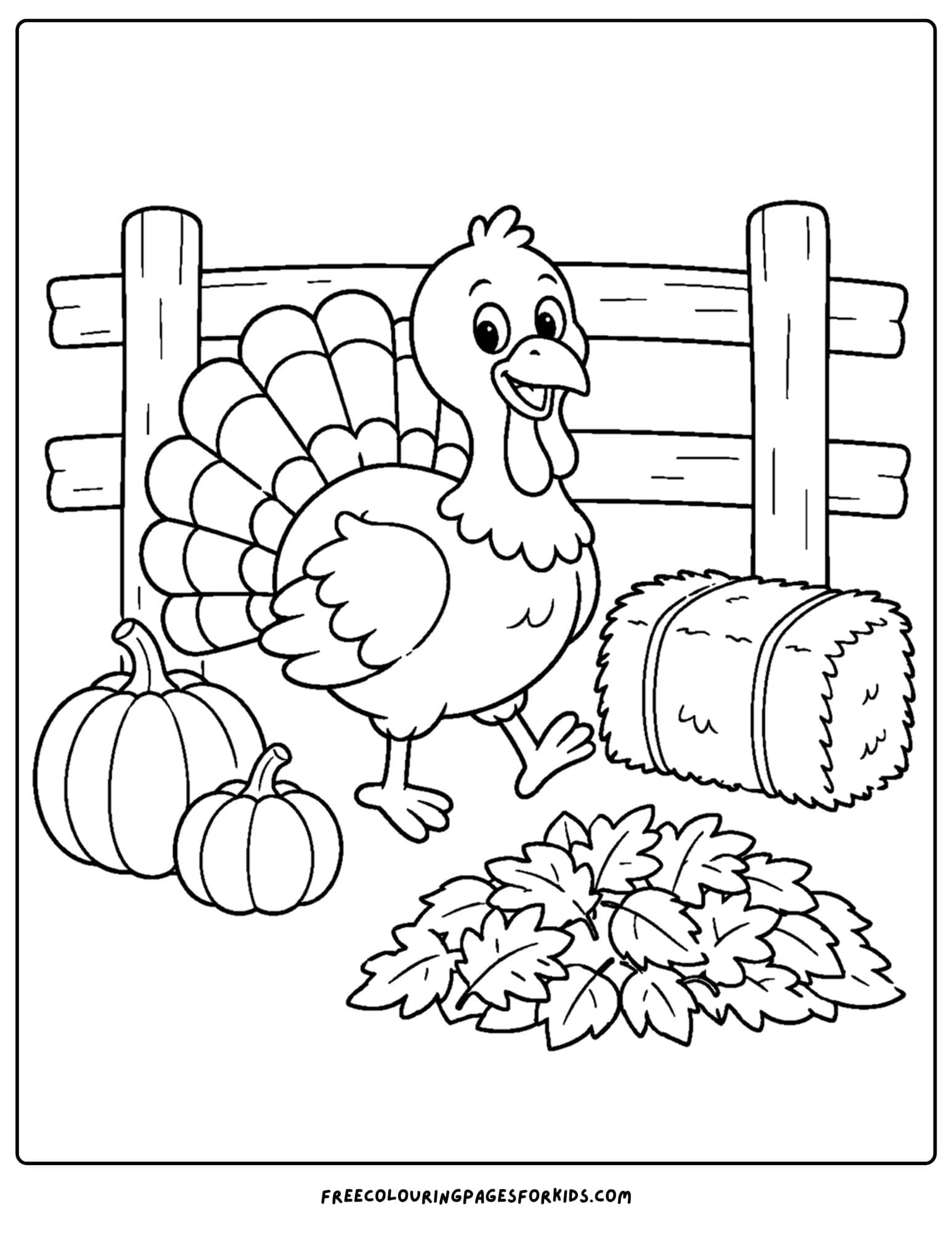a fall themed coloring page showing a turkey beside a wooden fence and leaves