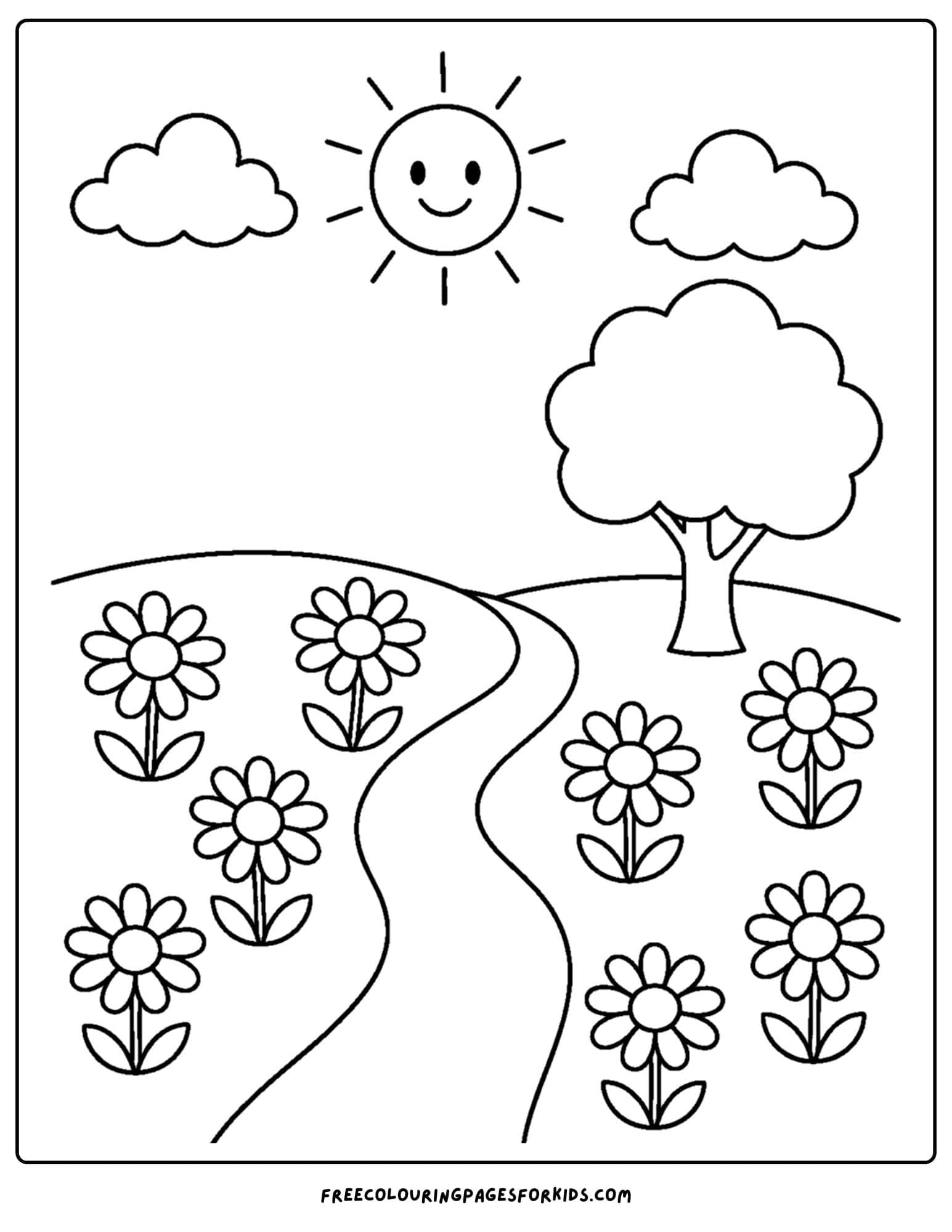 a coloring page of a flower field of aster's in a meadow