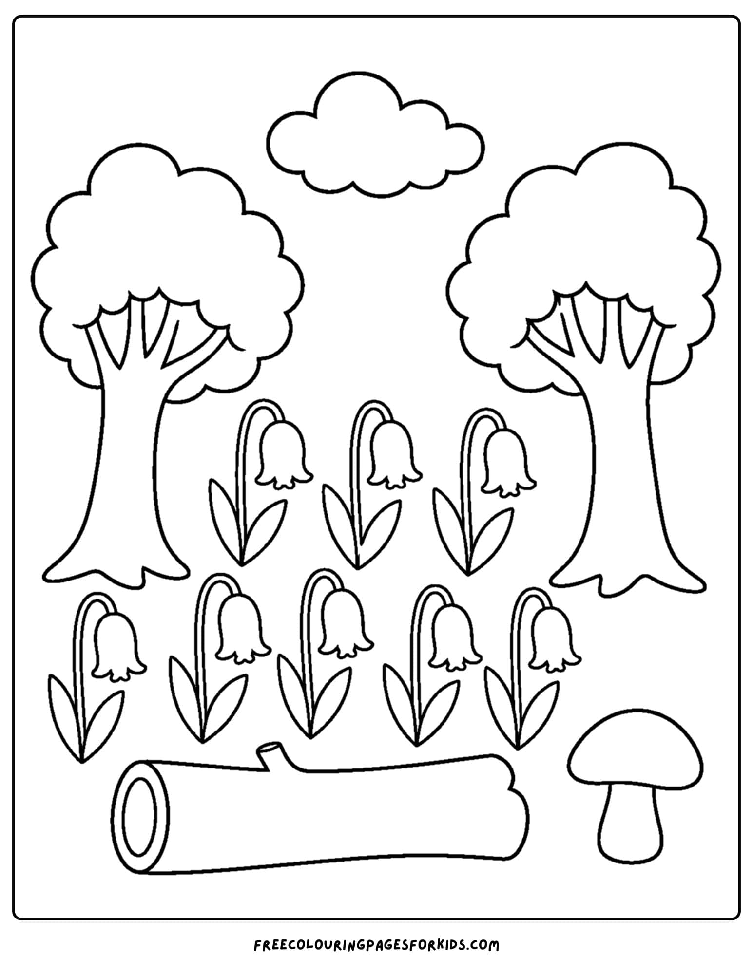 a coloring page of a flower field of bluebells amongst the trees