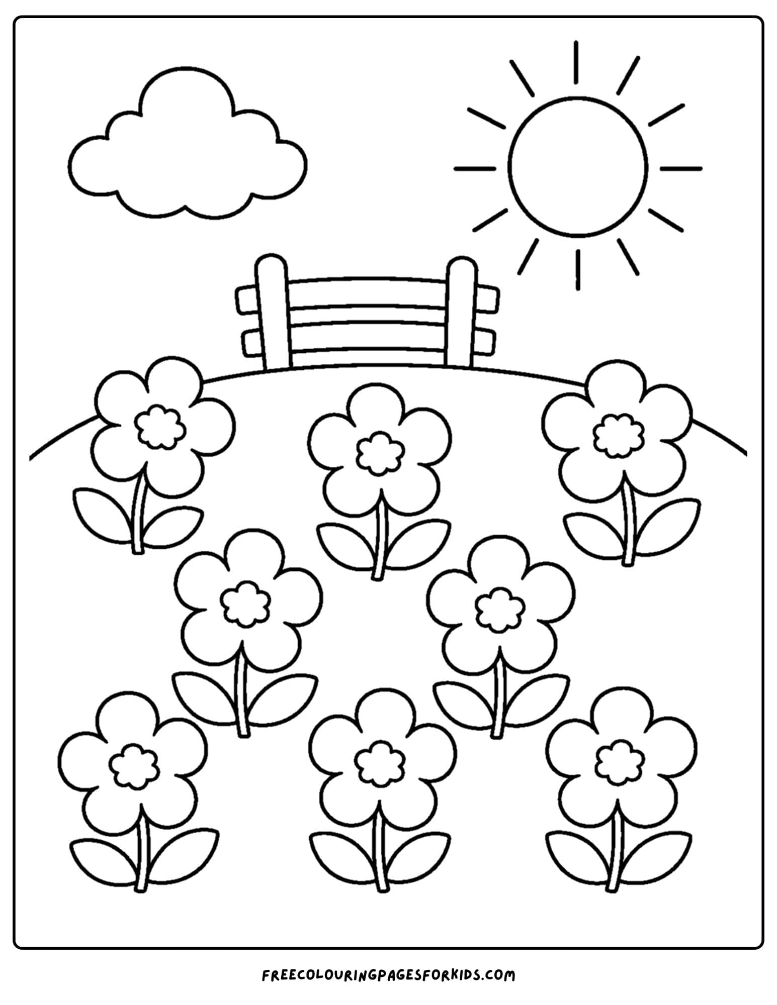a coloring page of a flower field of buttercups on a hill
