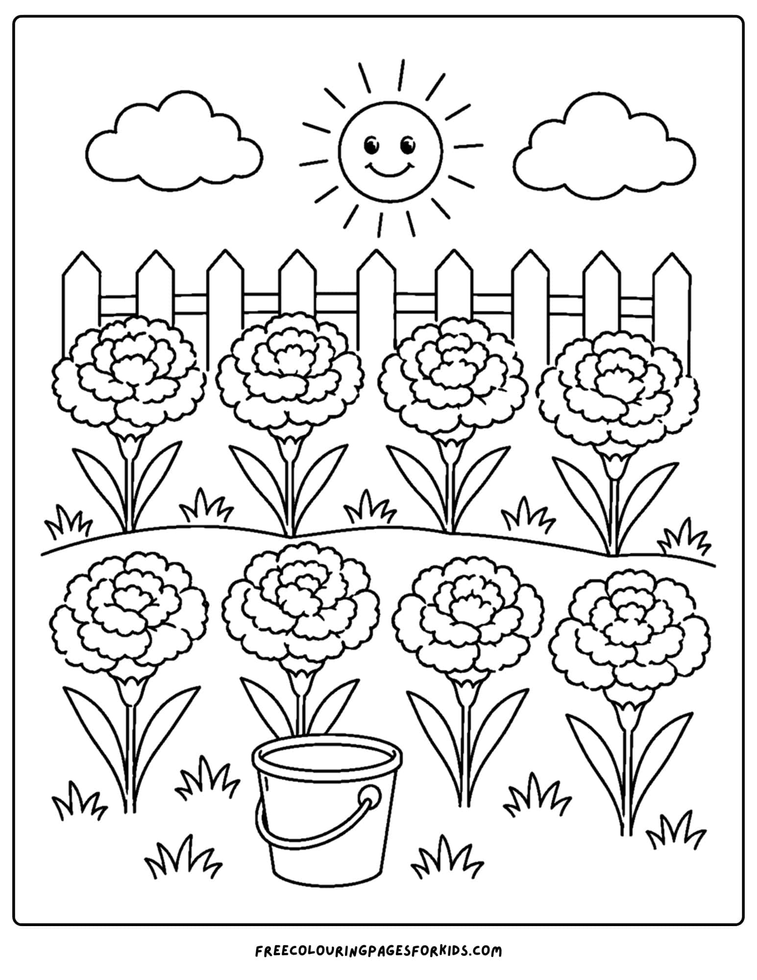 a coloring page of a flower field of carnations along a fence