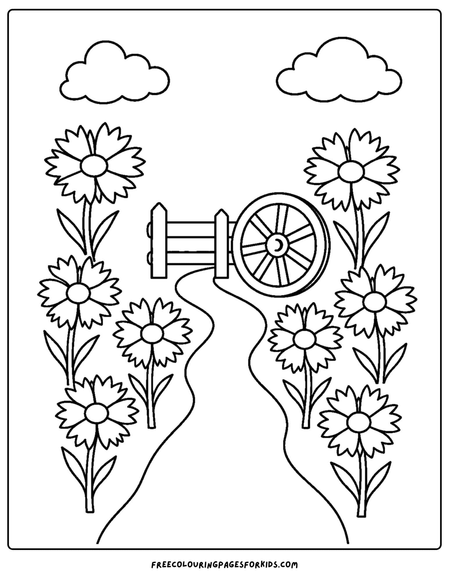 a coloring page of a flower field of cornflowers