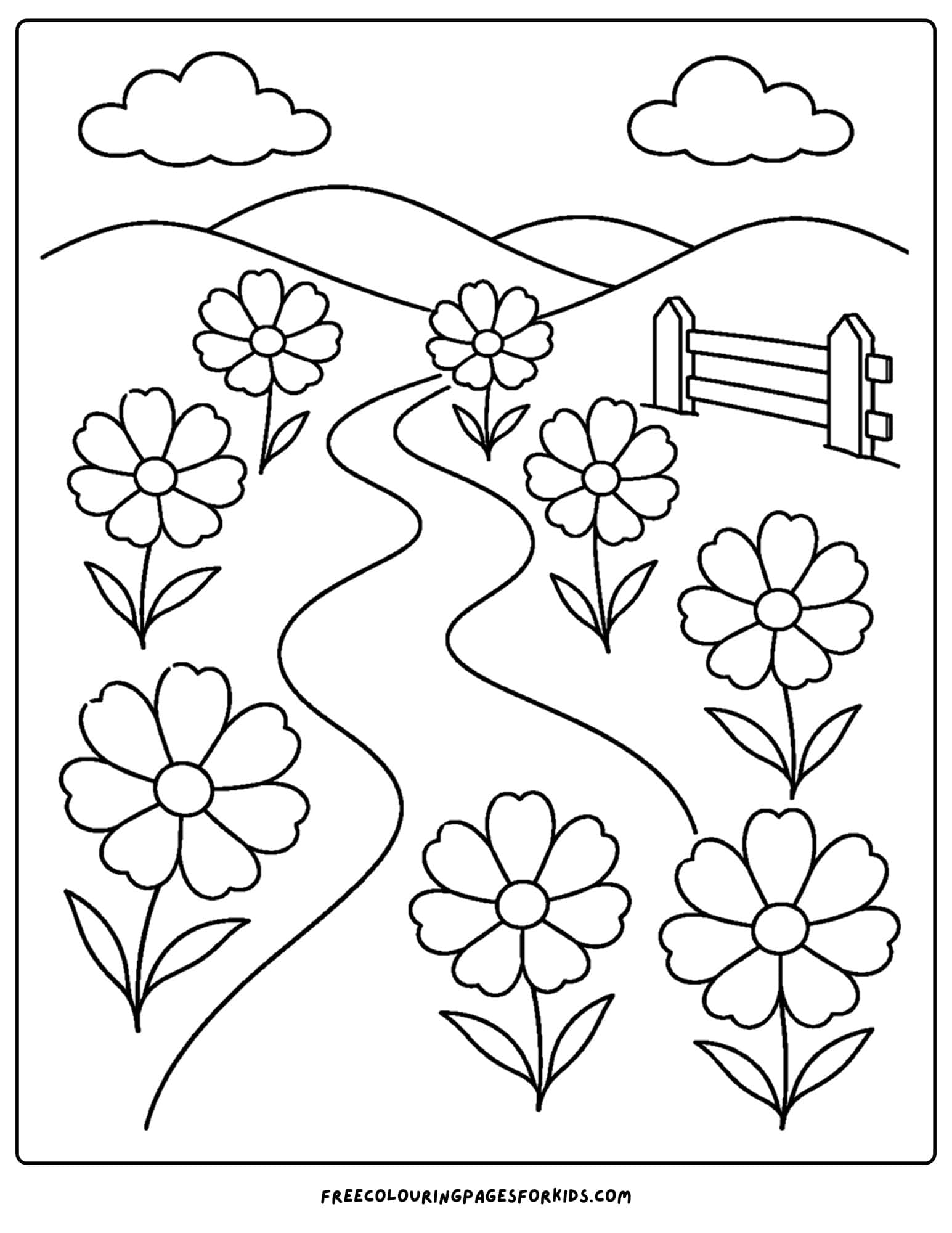 a coloring page of a flower field of cosmos