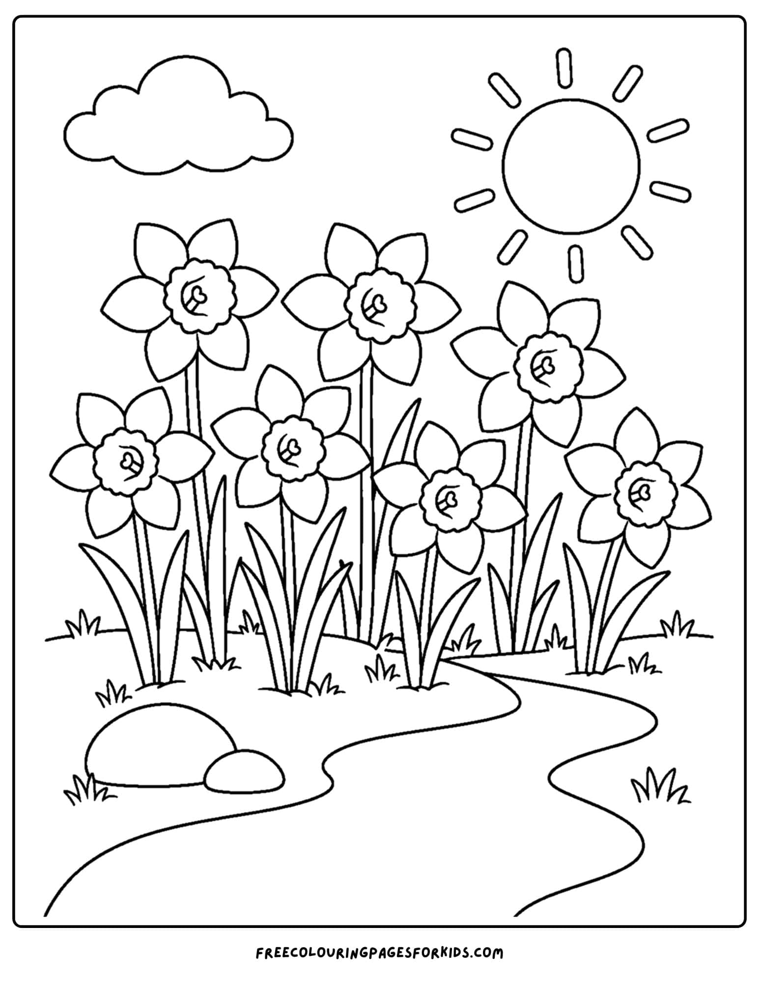a coloring page of a flower field of daffodils by a stream