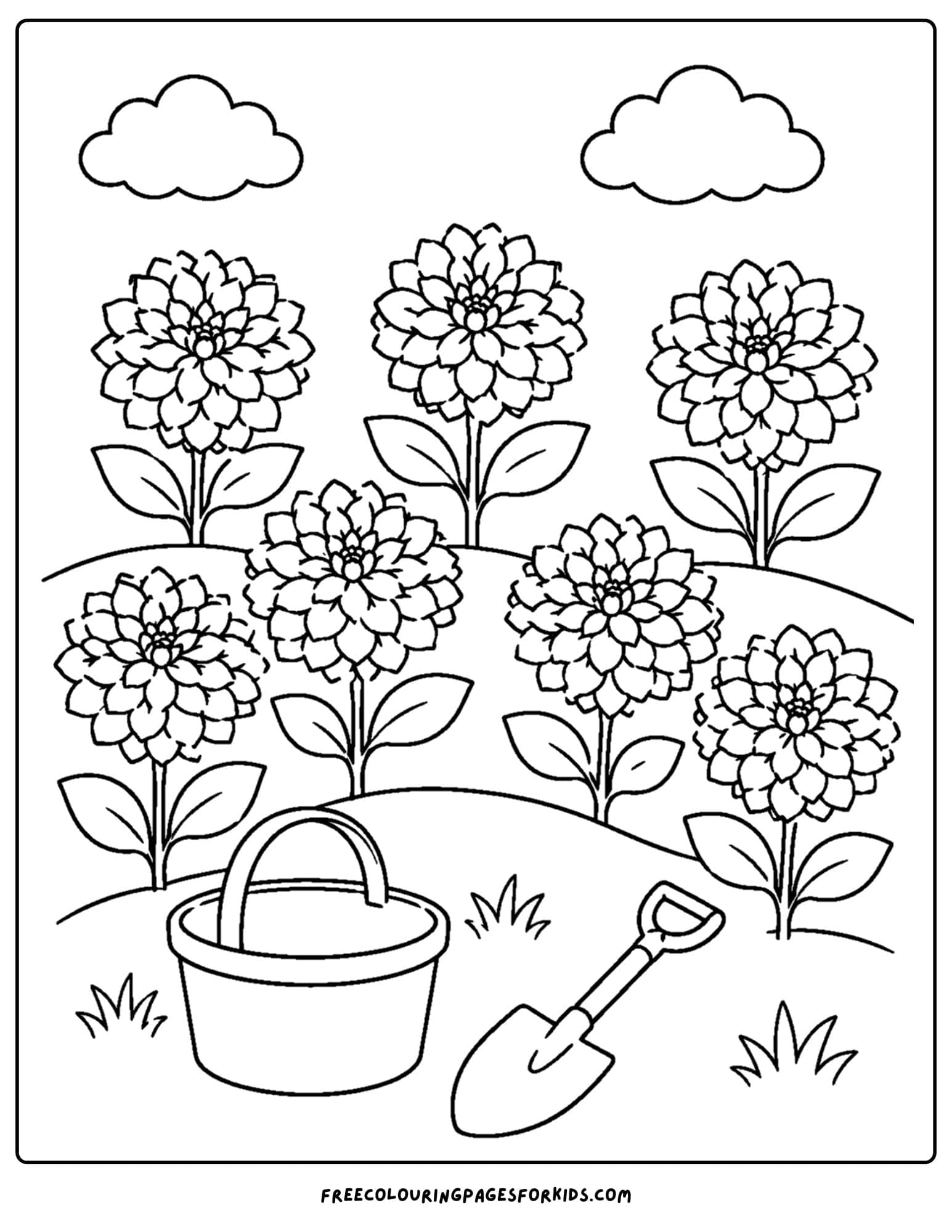 a coloring page of a flower field of dahlia's in a big garden