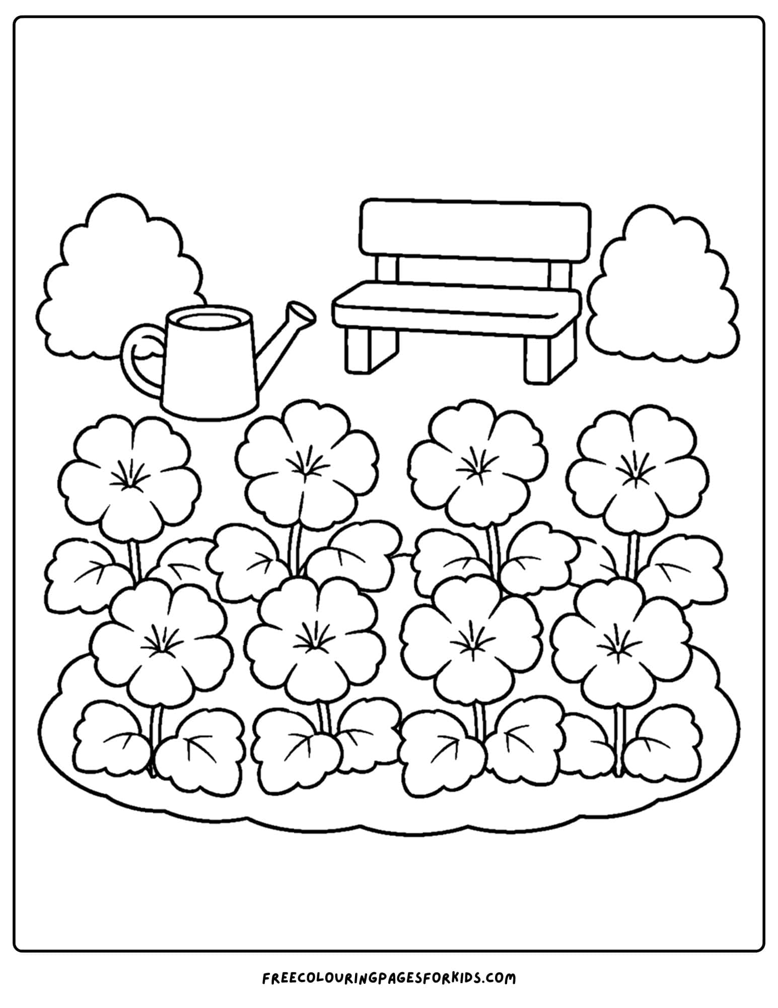 a coloring page of a flower field of geraniums in a big garden bed