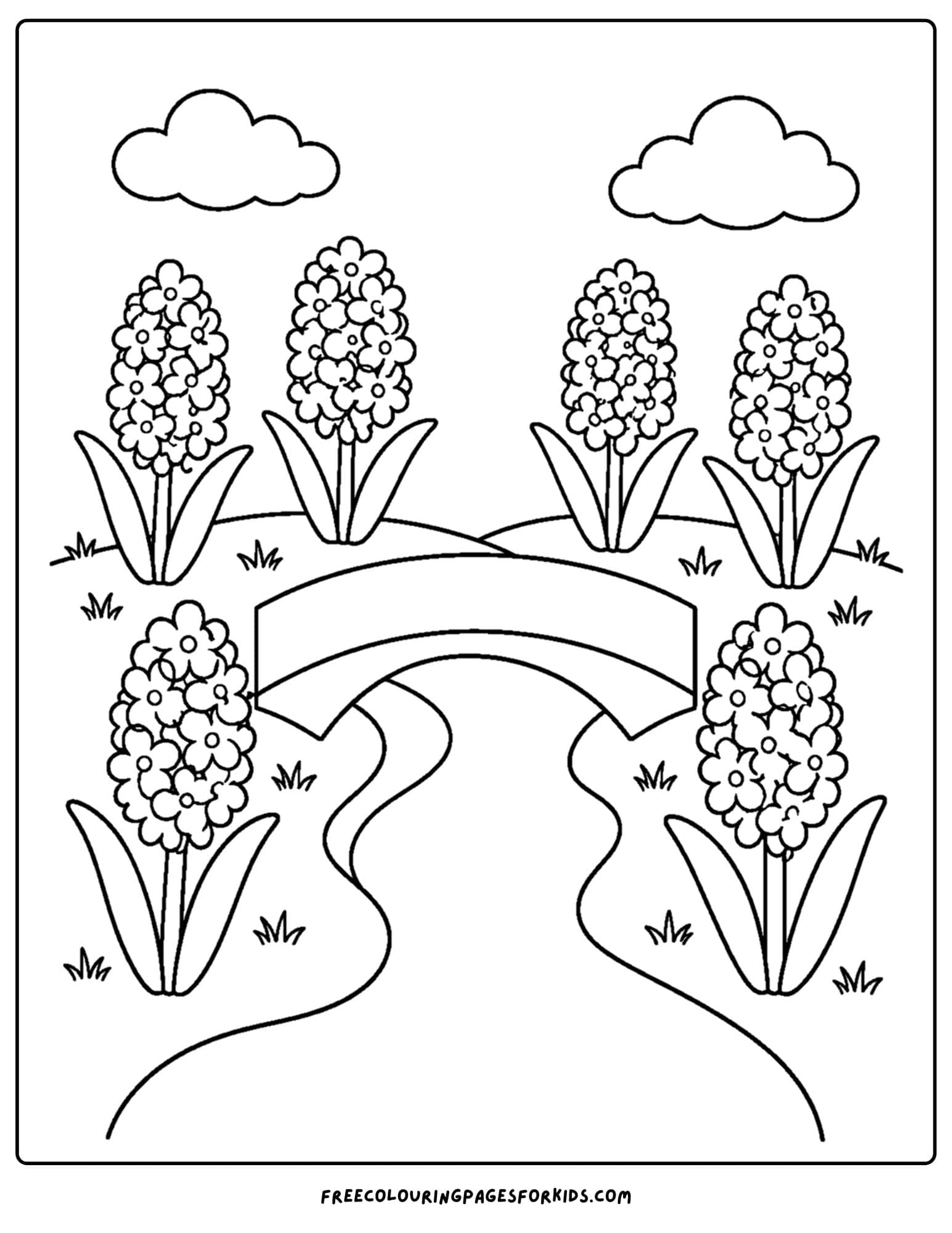 a coloring page of a flower field of hyacinths around a bridge