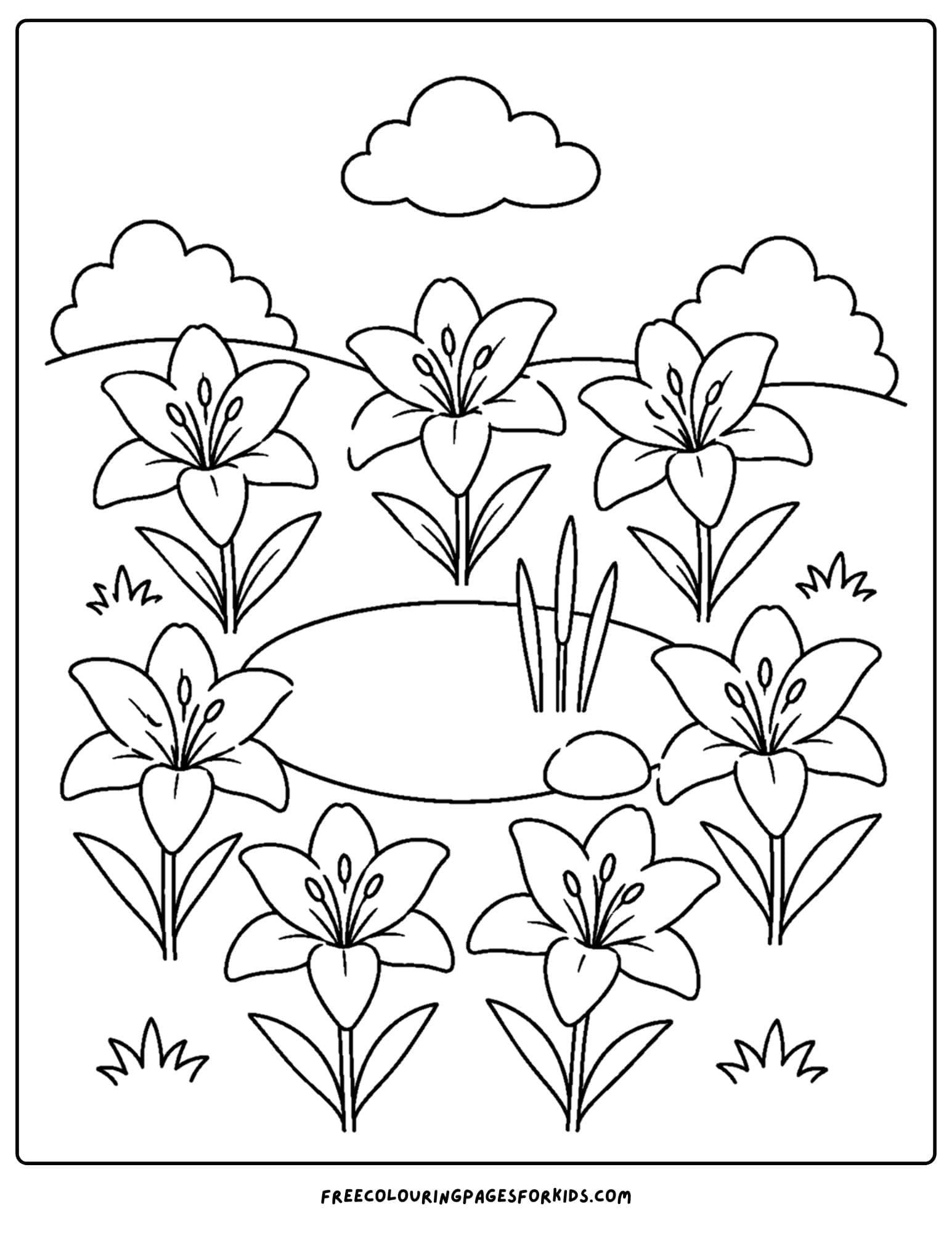 a coloring page of a flower field full of lillies around a pond