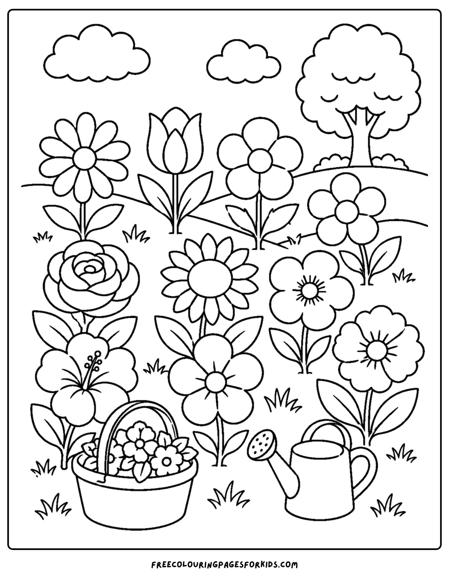 a coloring page of a flower field of mixed flowers in a garden