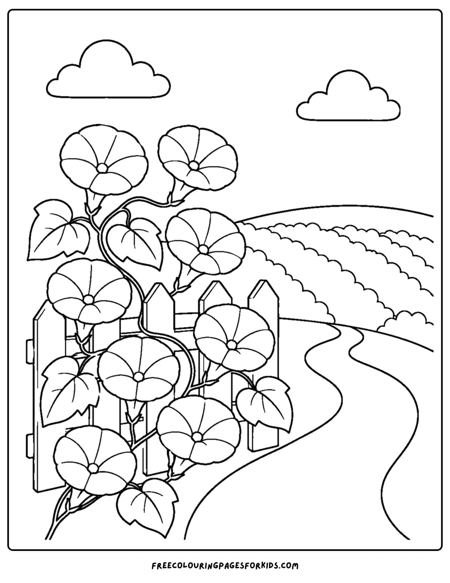 a coloring page of a flower field of morning glories on a hill