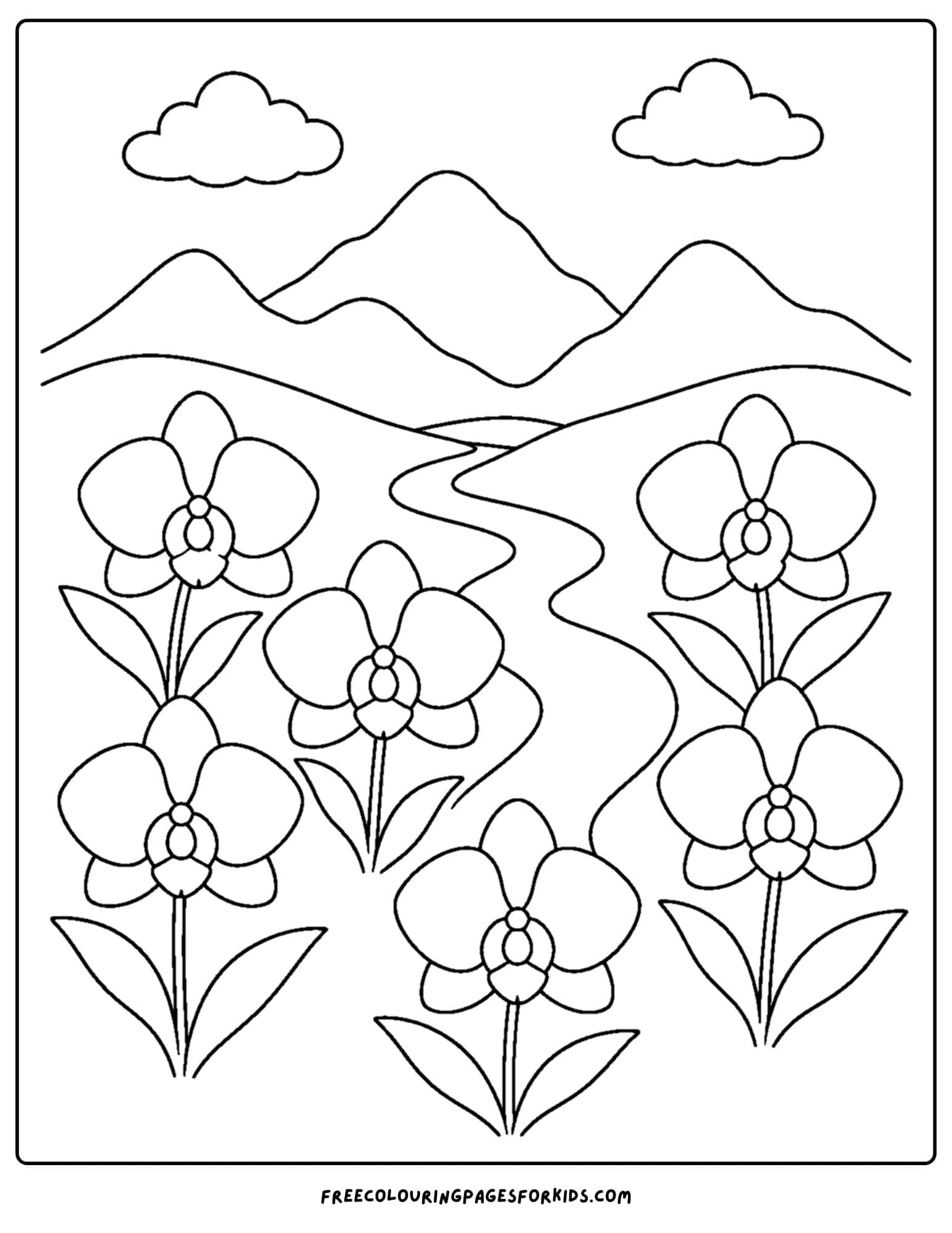 a coloring page of a flower field full or orchid's in a valley