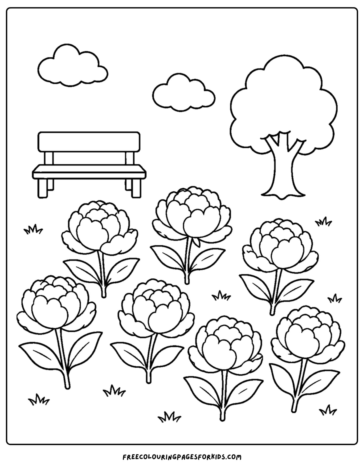 a coloring page of a flower field full of peonies